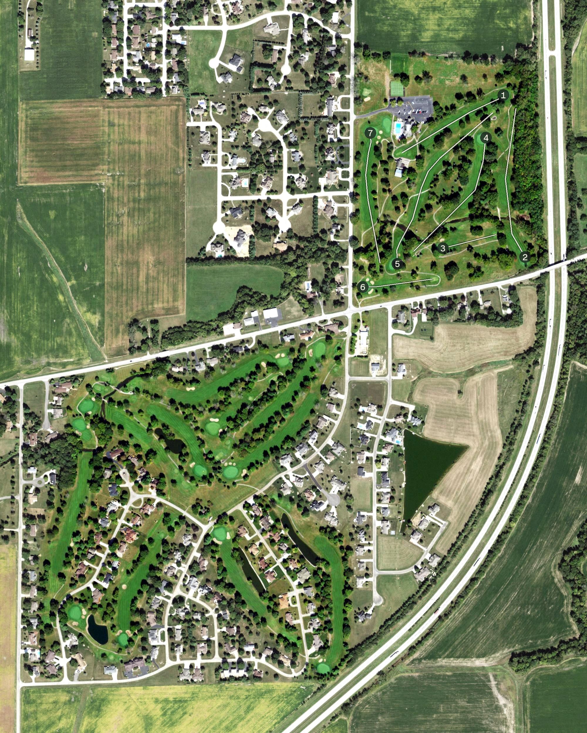 Aerial view of Mattoon Golf & Country Club, IL, with its hole routing marked