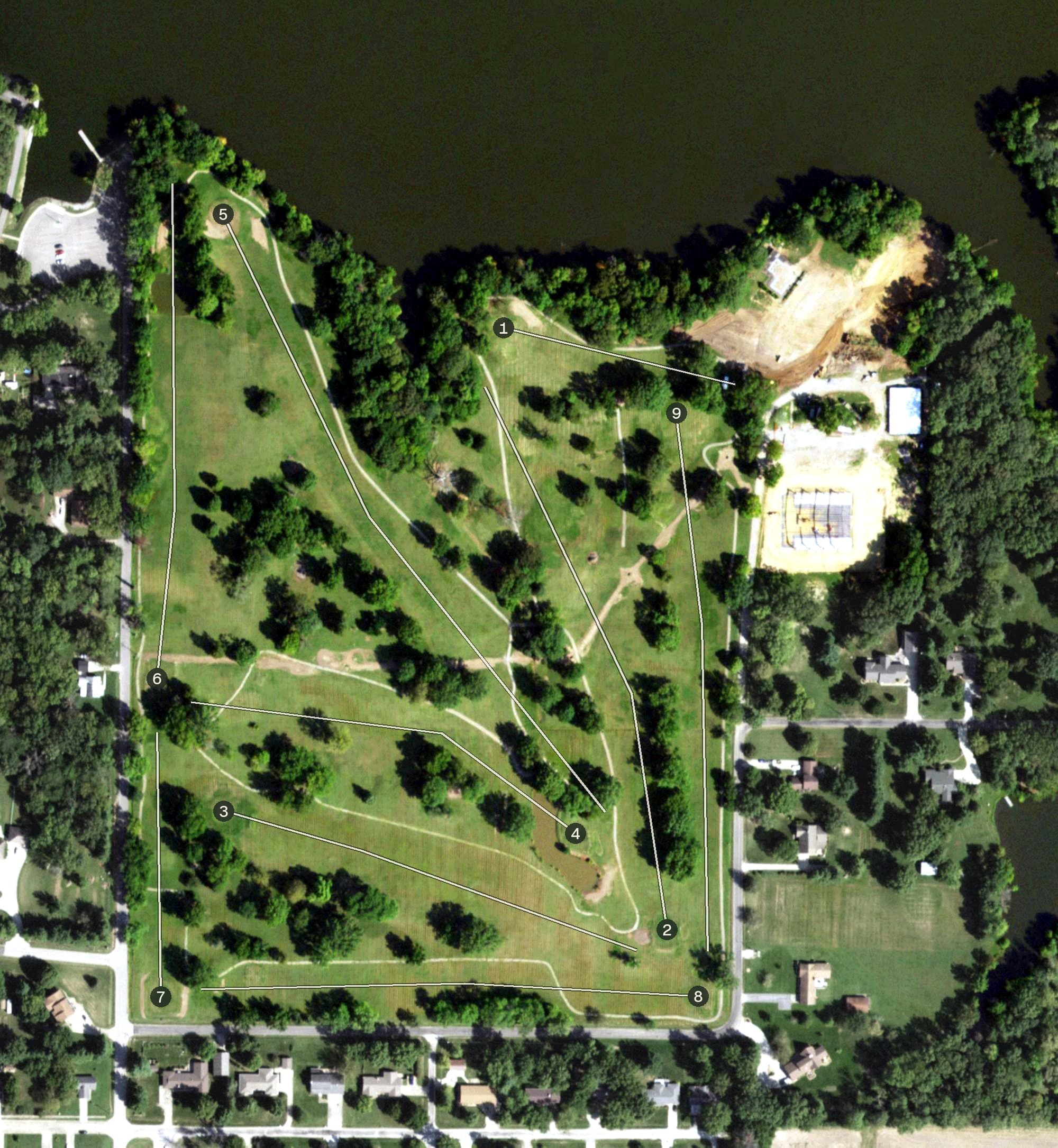 Aerial view of Meadow Woods, IL, with its hole routing marked