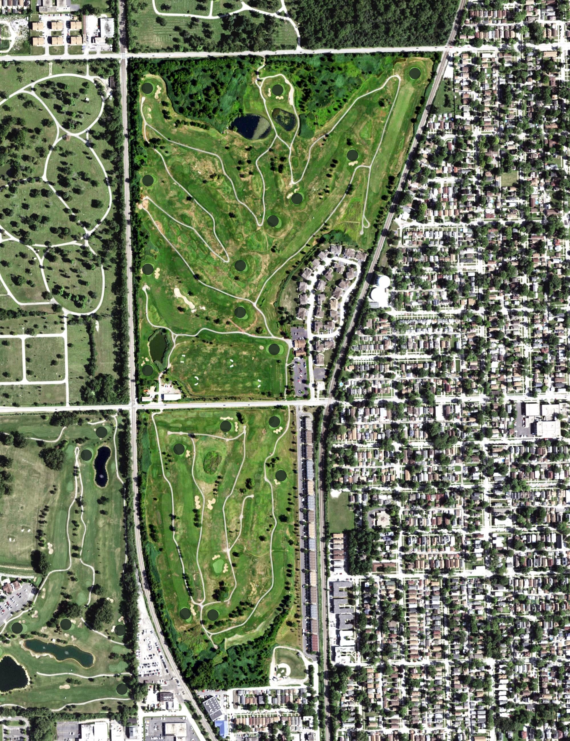 Aerial view of Meadows Golf Club, IL, with its hole routing marked