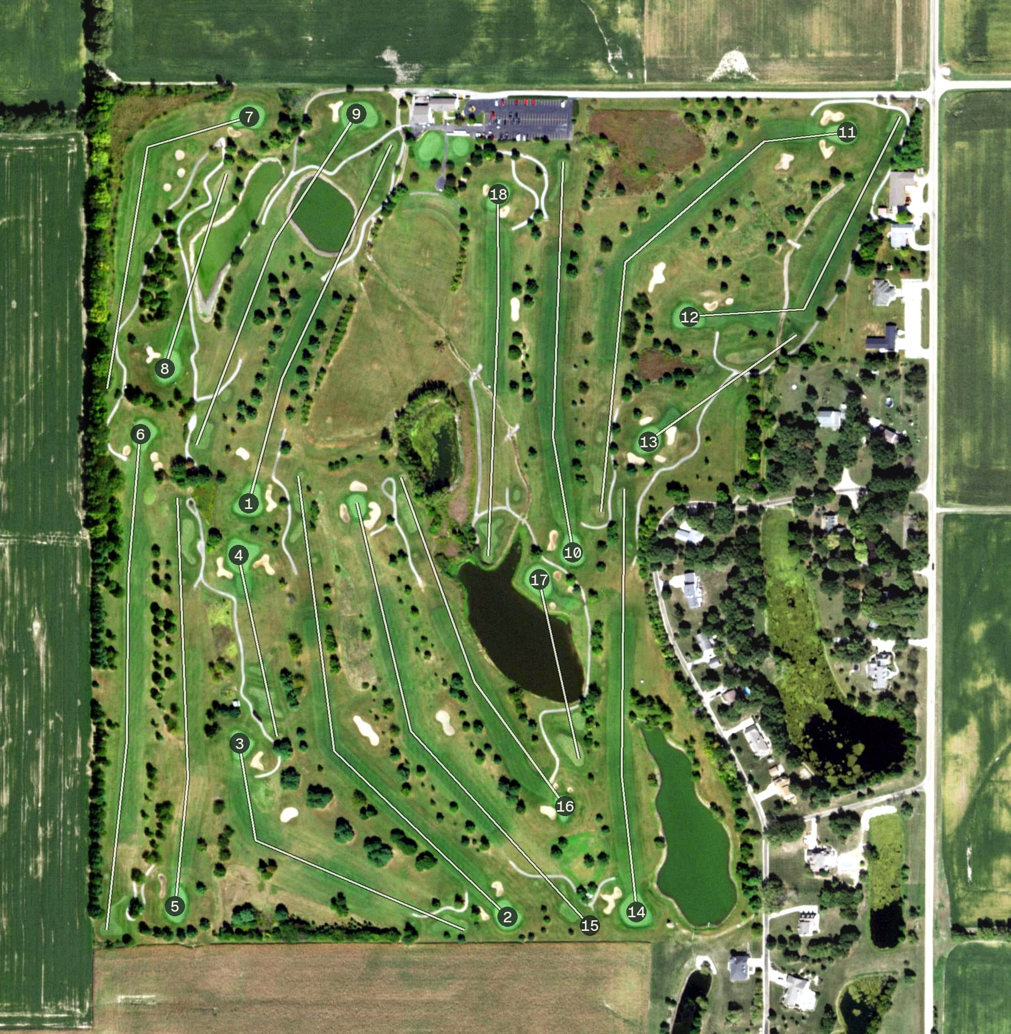 Aerial view of Meadowview Golf Course, IL, with its hole routing marked
