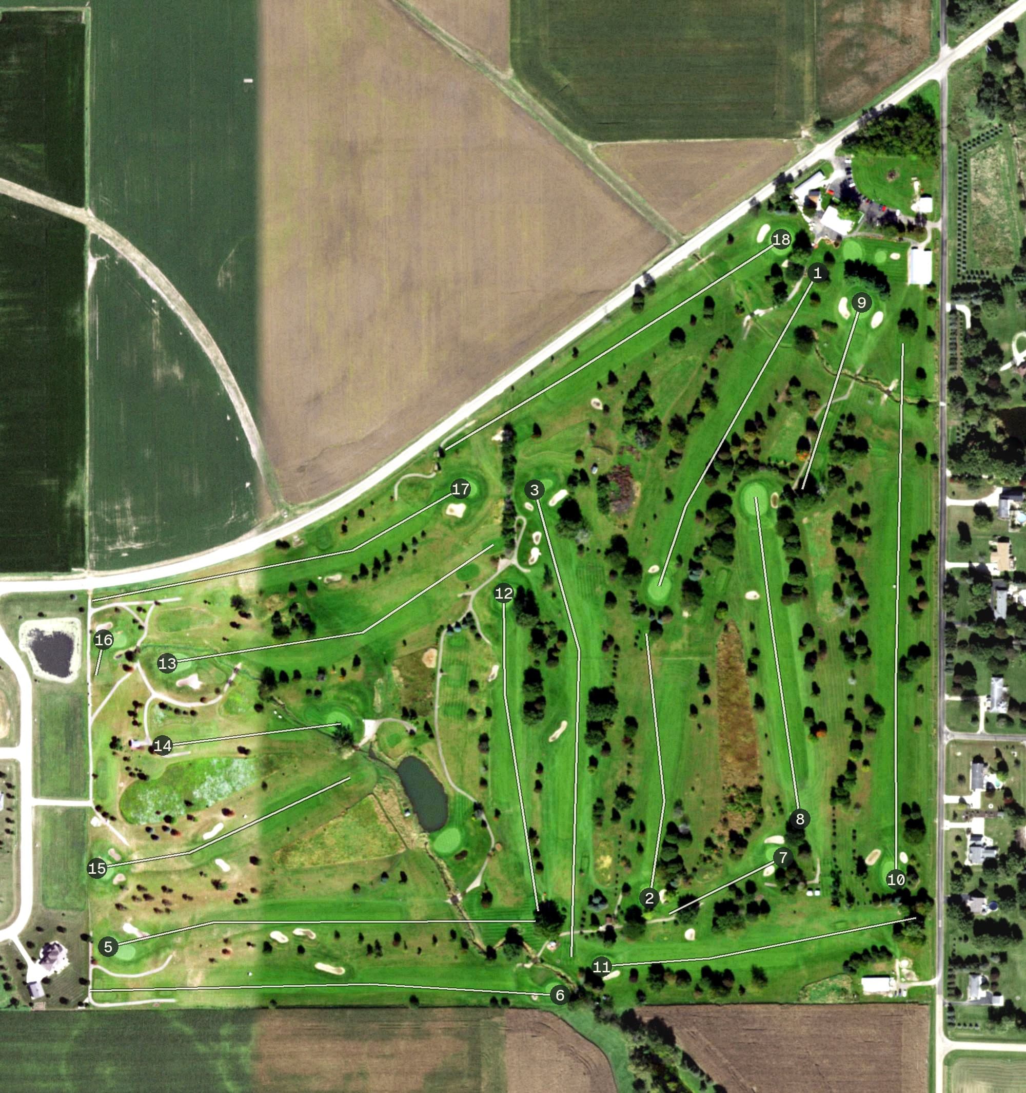 Aerial view of Mendota Golf Club, IL, with its hole routing marked