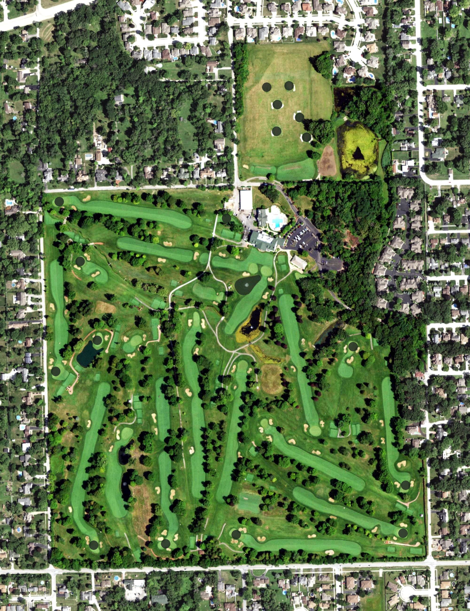 Aerial view of Midlothian Country Club, IL, with its hole routing marked