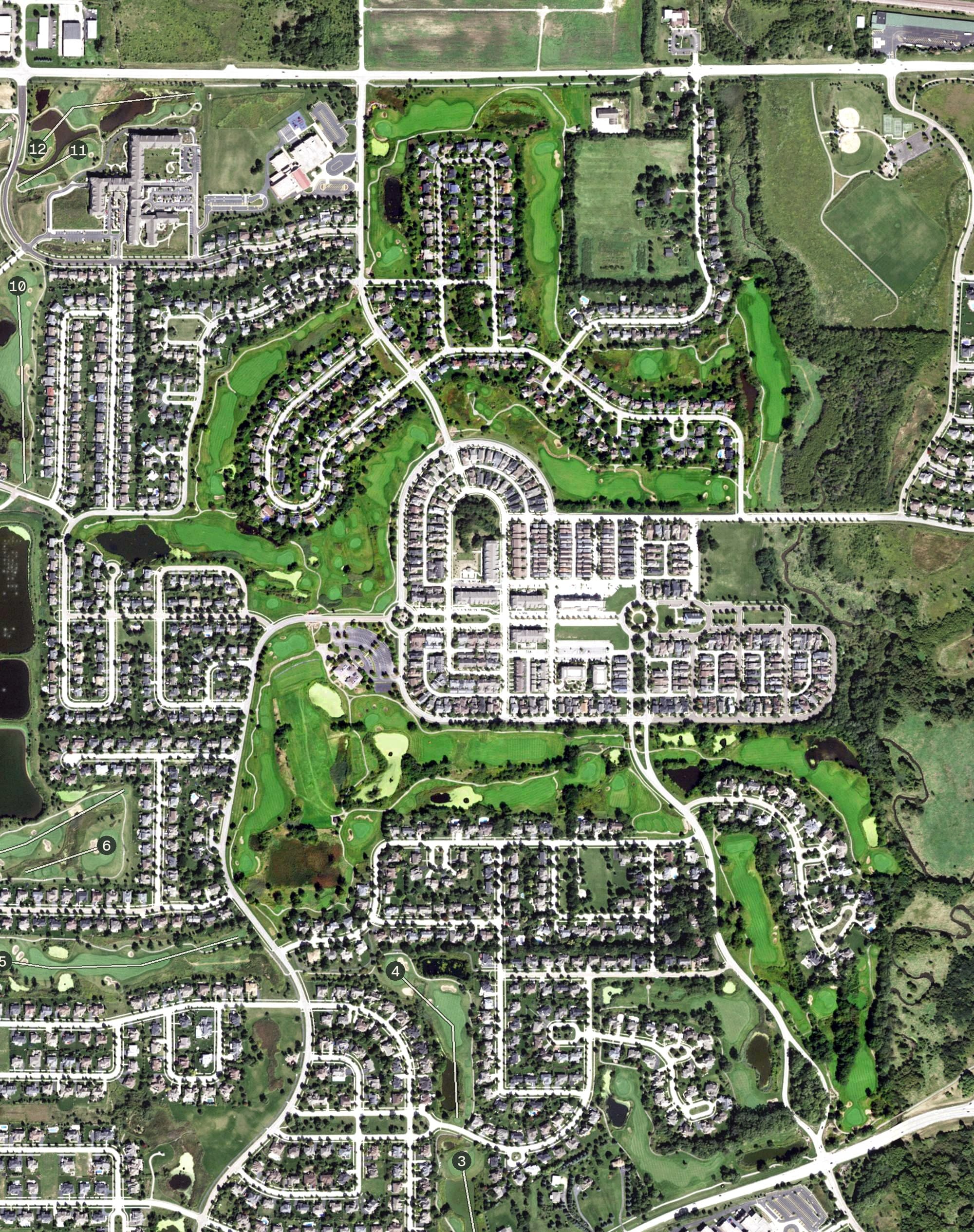 Aerial view of Mill Creek Golf Club, IL, with its hole routing marked