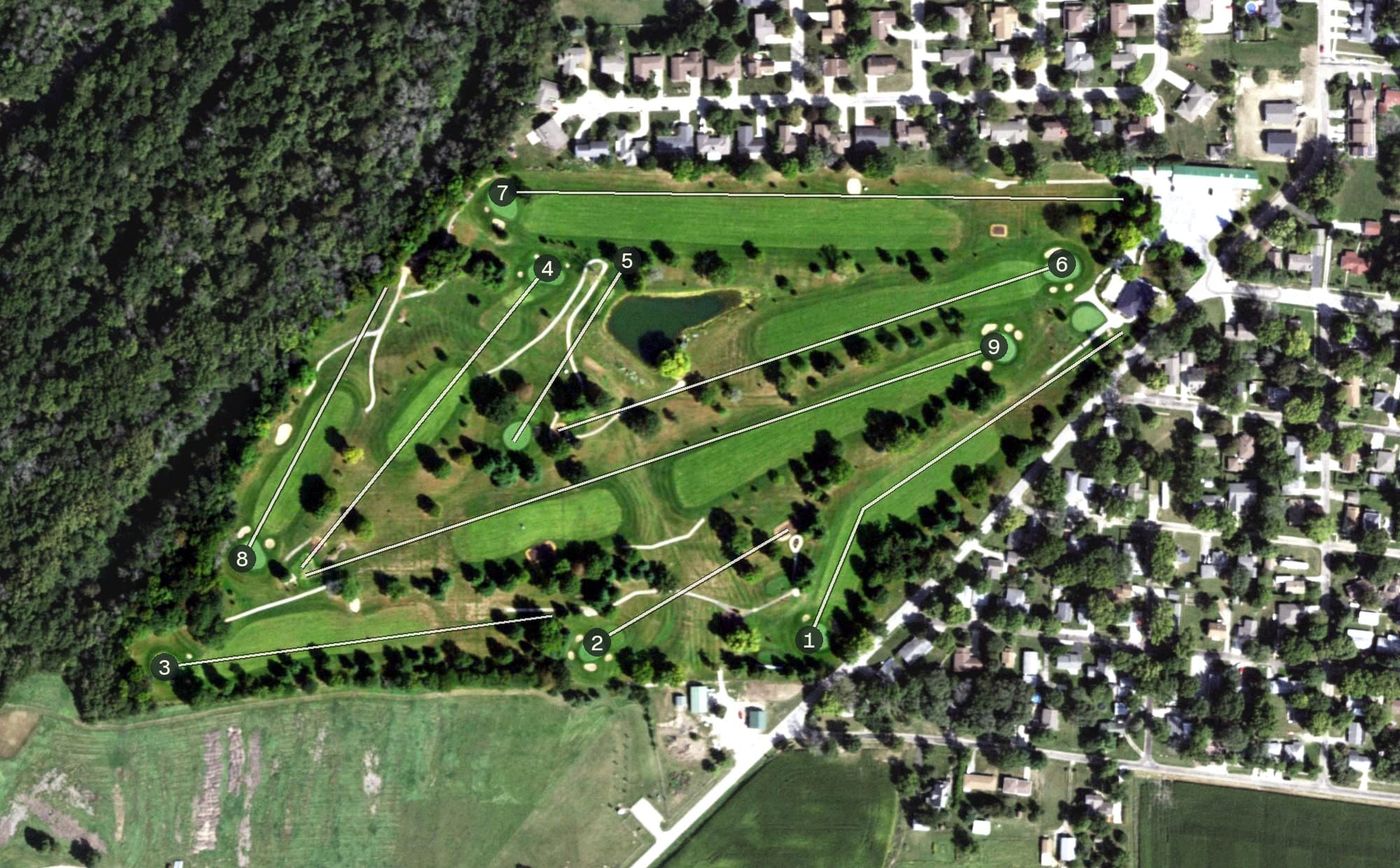 Aerial view of Monticello Golf Club, IL, with its hole routing marked
