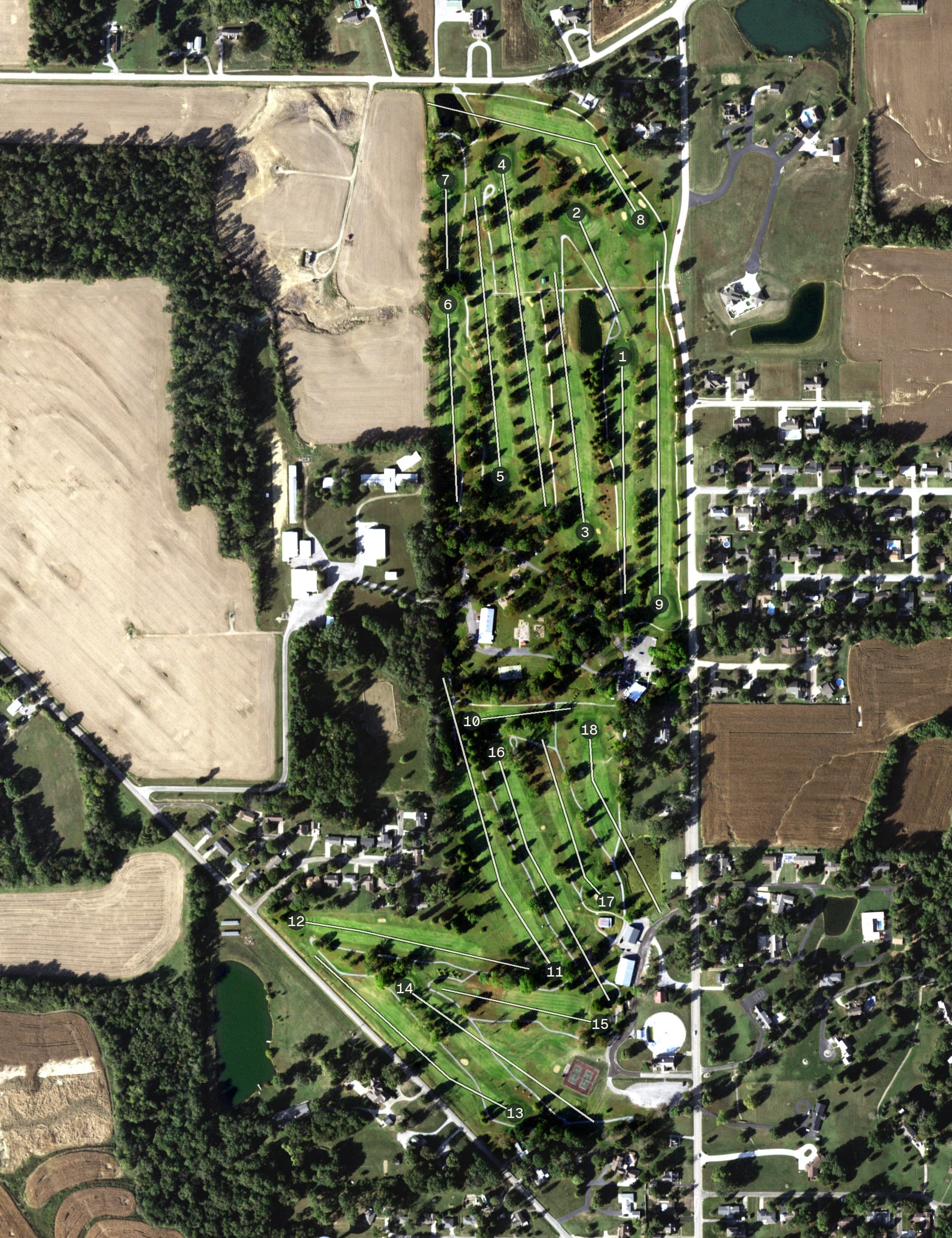 Aerial view of Mount Carmel Municipal Golf Course, IL, with its hole routing marked