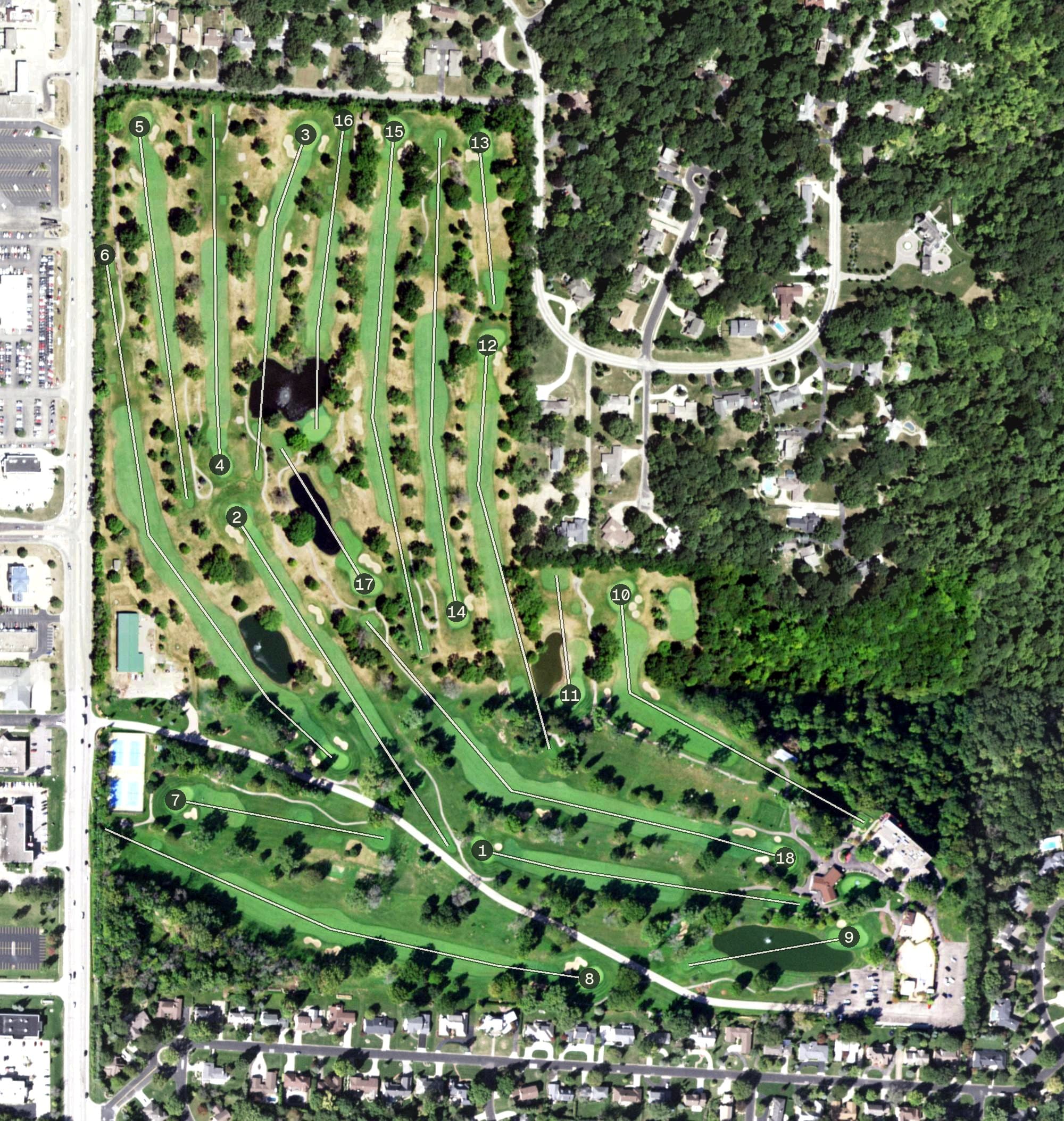 Aerial view of Mount Hawley Country Club, IL, with its hole routing marked