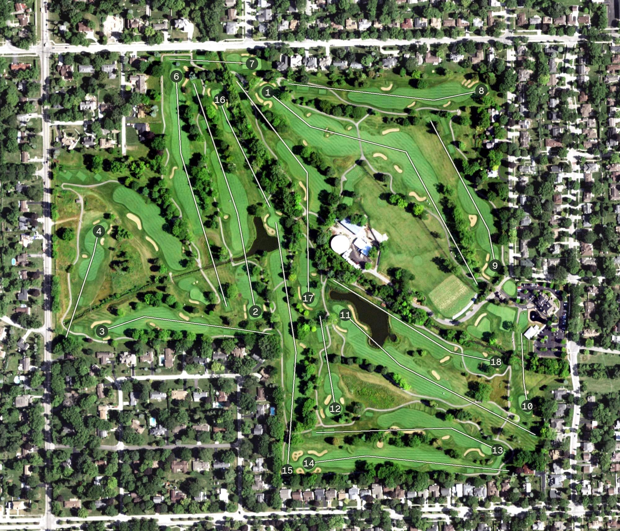 Aerial view of Mount Prospect Golf Course, IL, with its hole routing marked