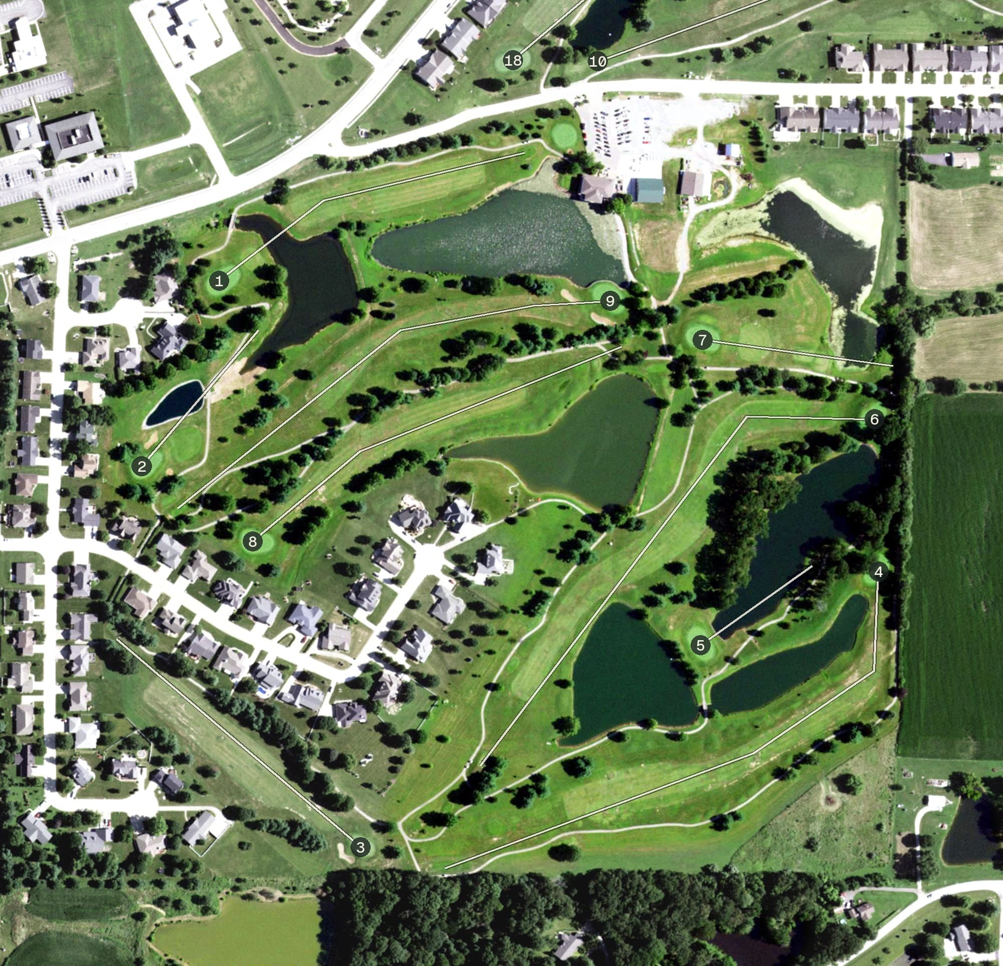 Aerial view of Mystic Oak Golf Course, IL, with its hole routing marked