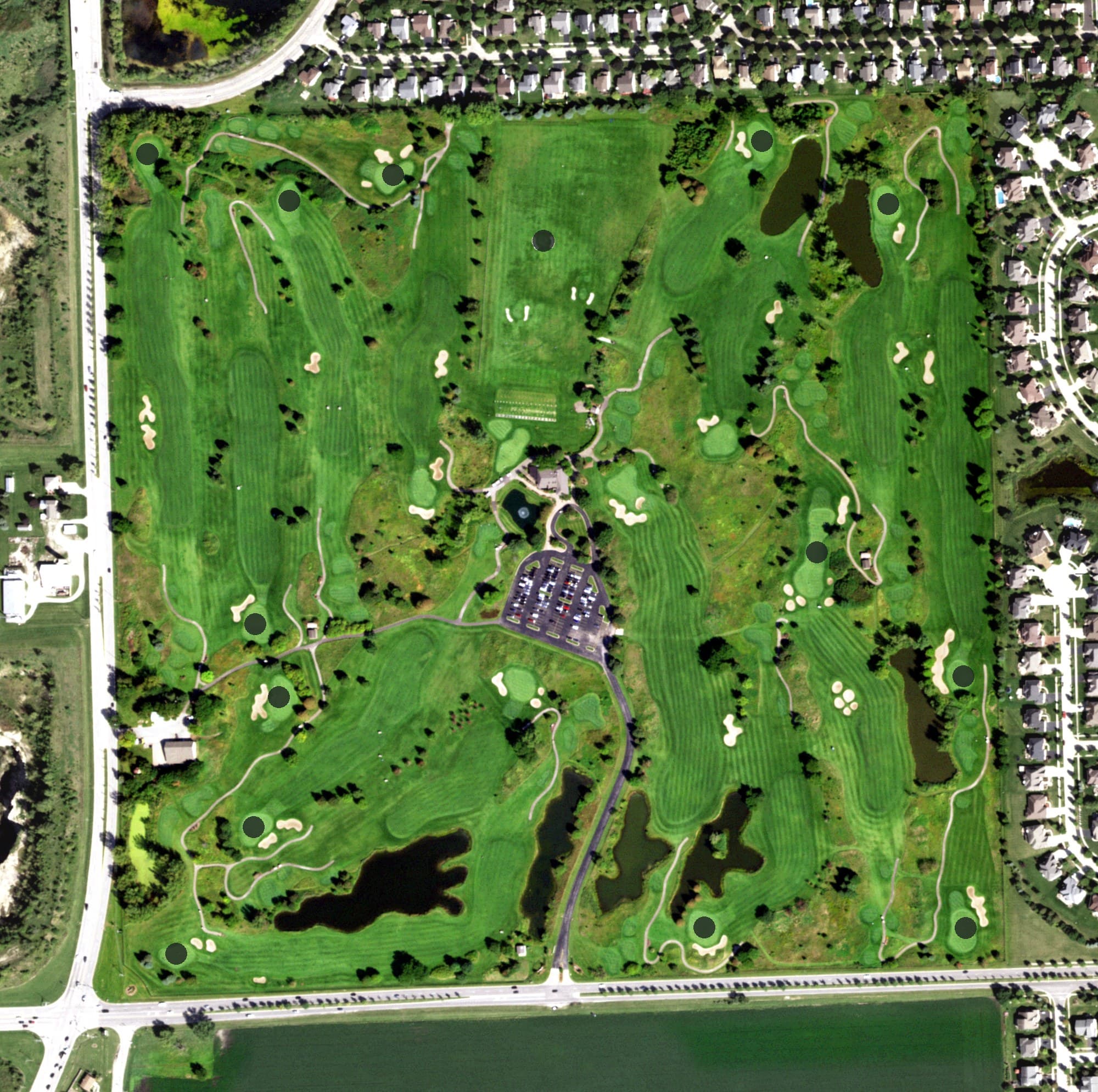 Aerial view of Naperbrook Golf Course, IL, with its hole routing marked