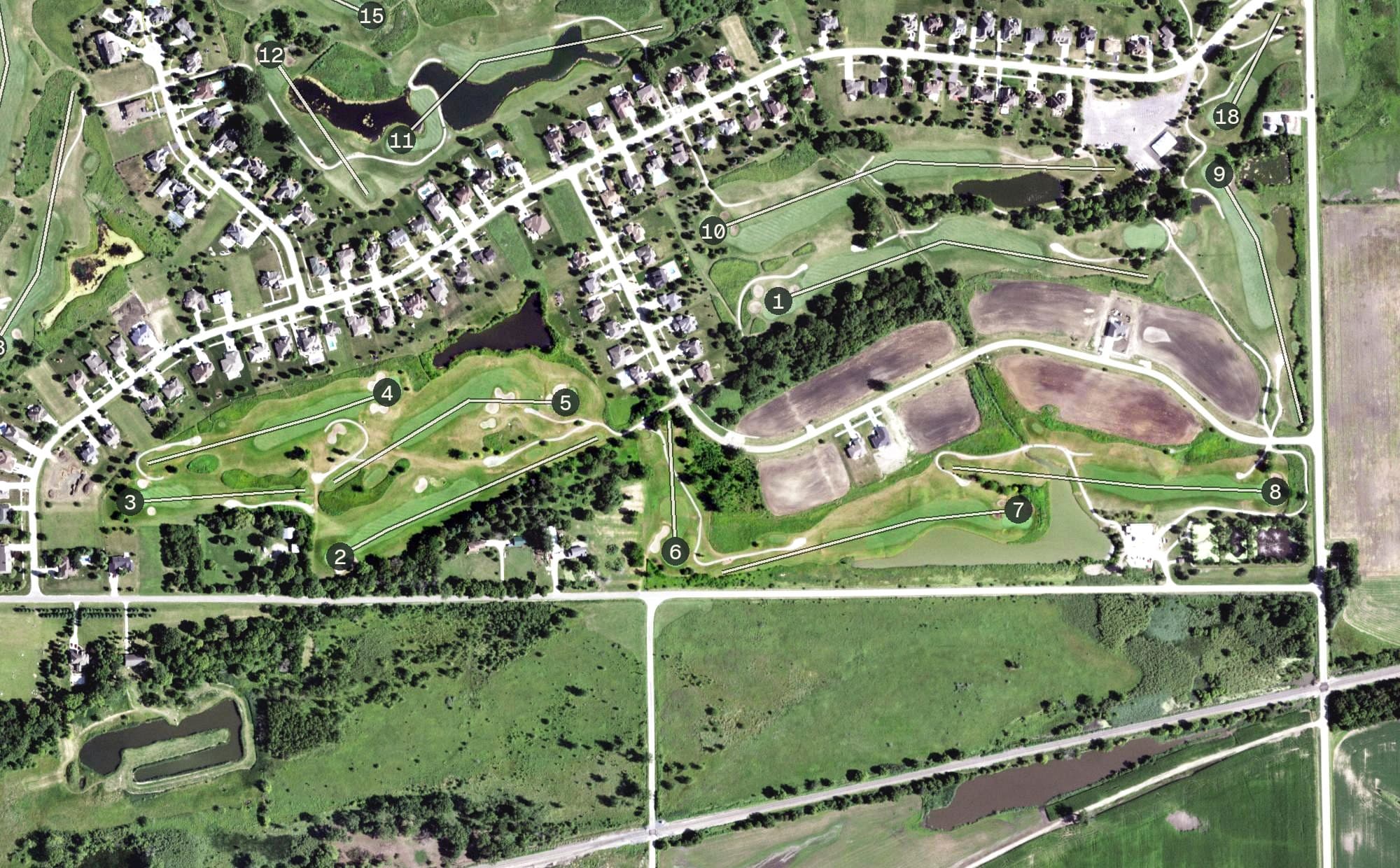 Aerial view of Nettle Creek Country Club, IL, with its hole routing marked