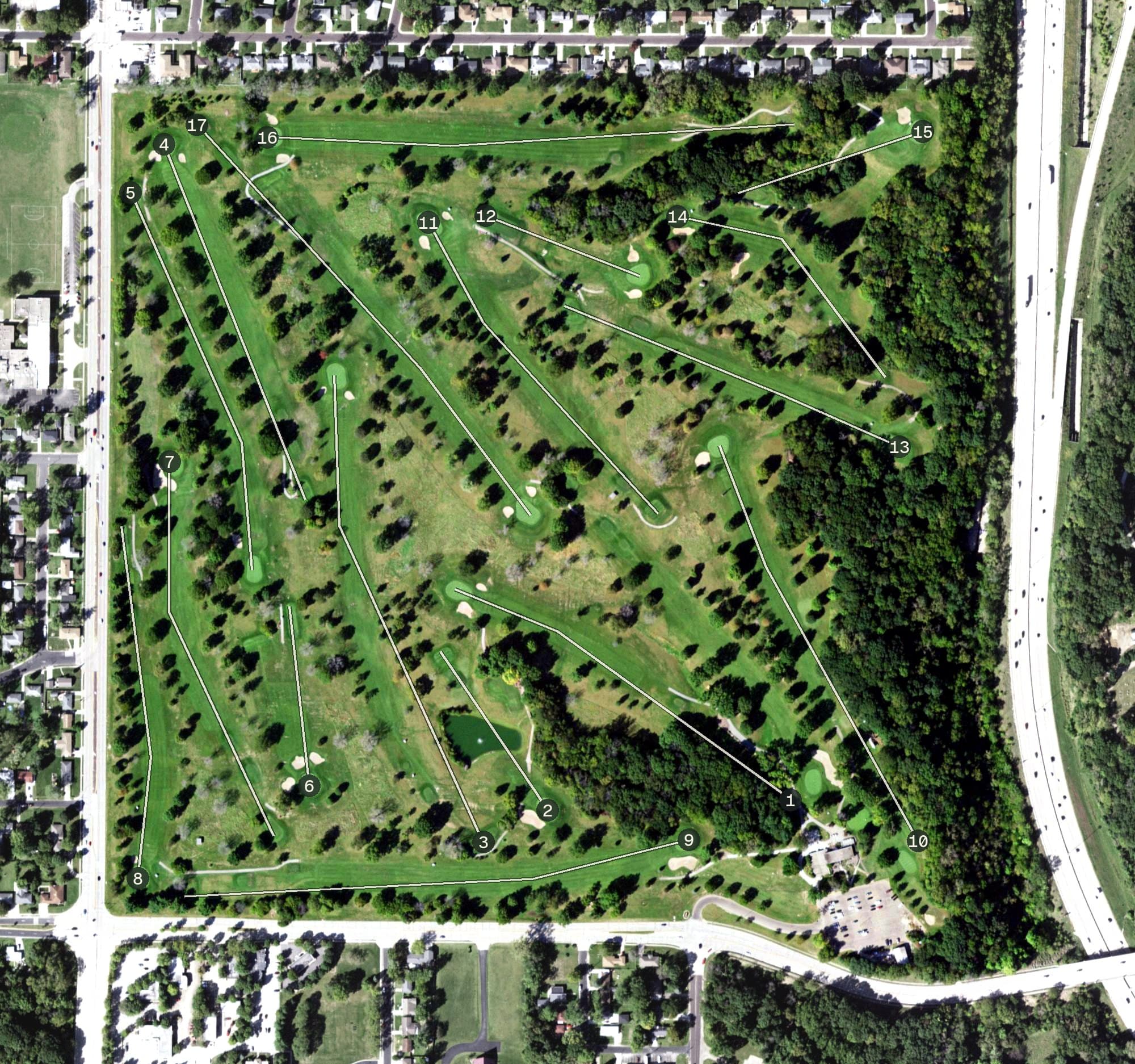 Aerial view of Newman Golf Course, IL, with its hole routing marked
