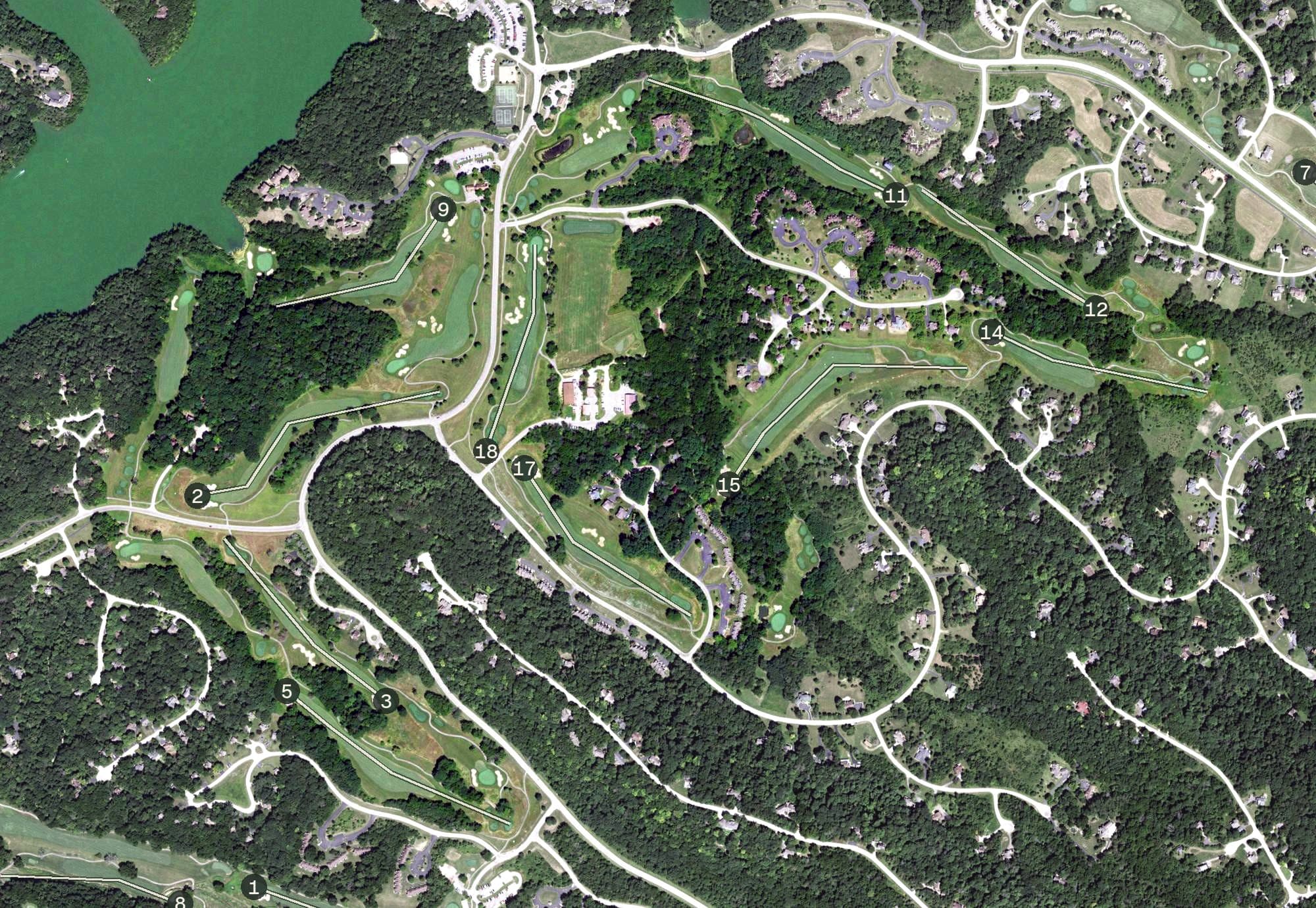 Aerial view of North Course, IL, with its hole routing marked