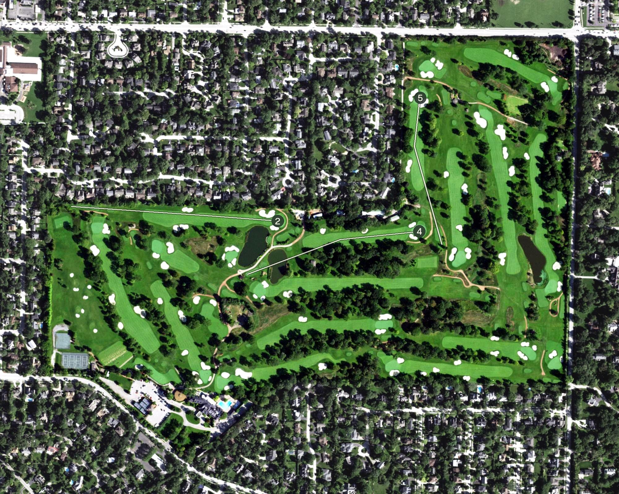 Aerial view of North Shore Country Club, IL, with its hole routing marked