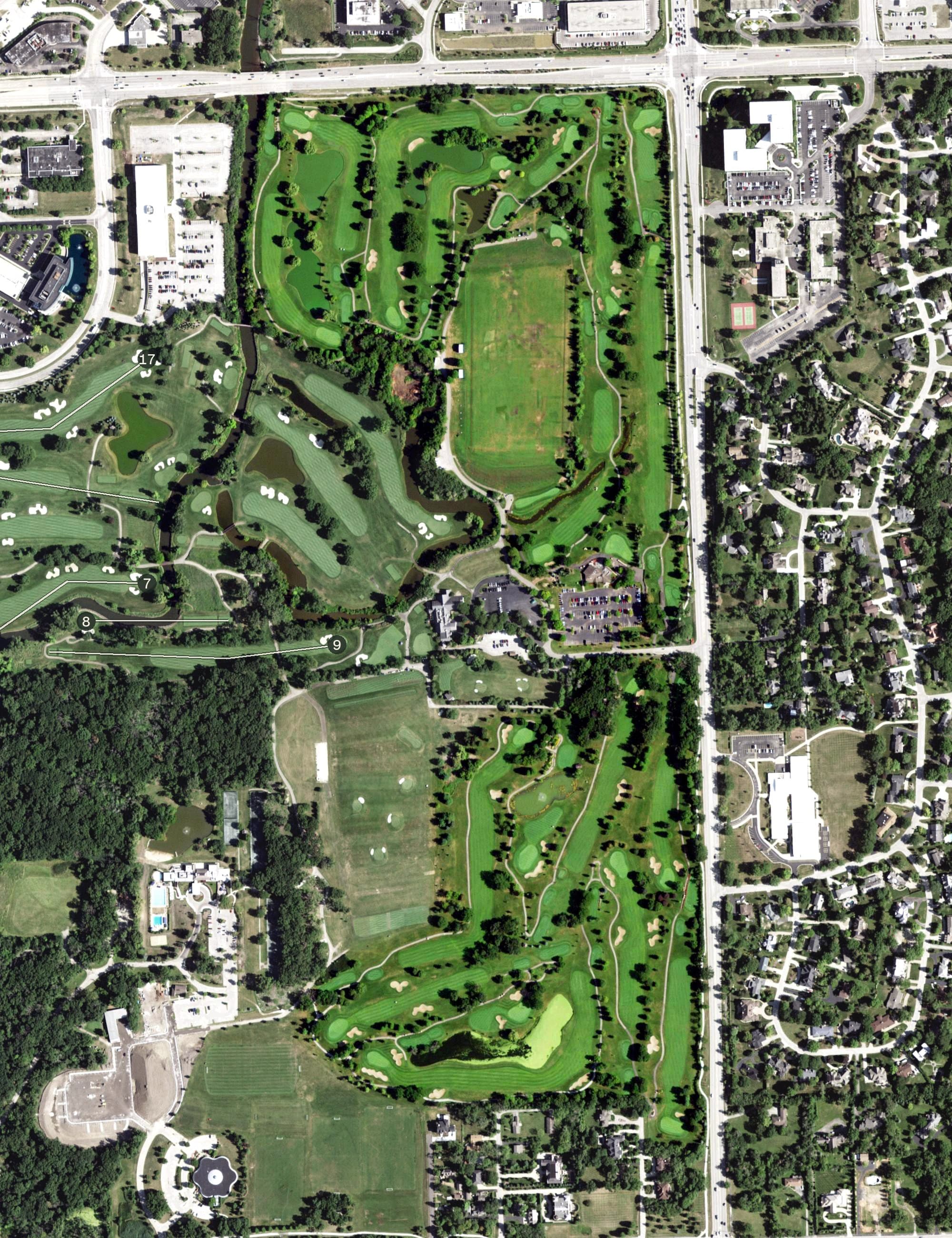 Aerial view of Oak Brook Golf Course, IL, with its hole routing marked