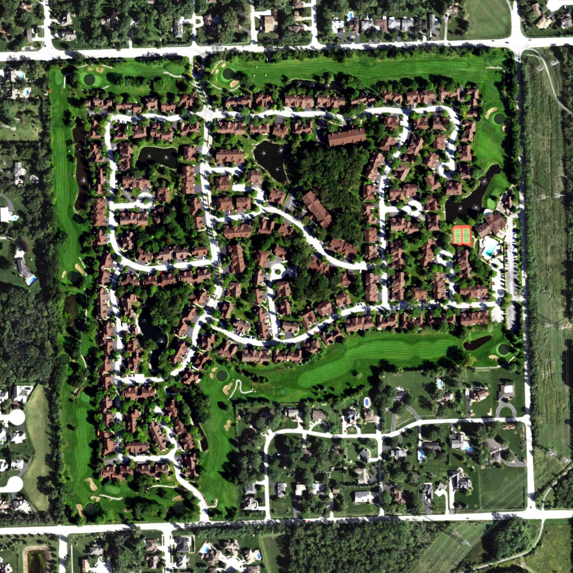 Aerial view of Oak Hills Golf Club, IL, with its hole routing marked