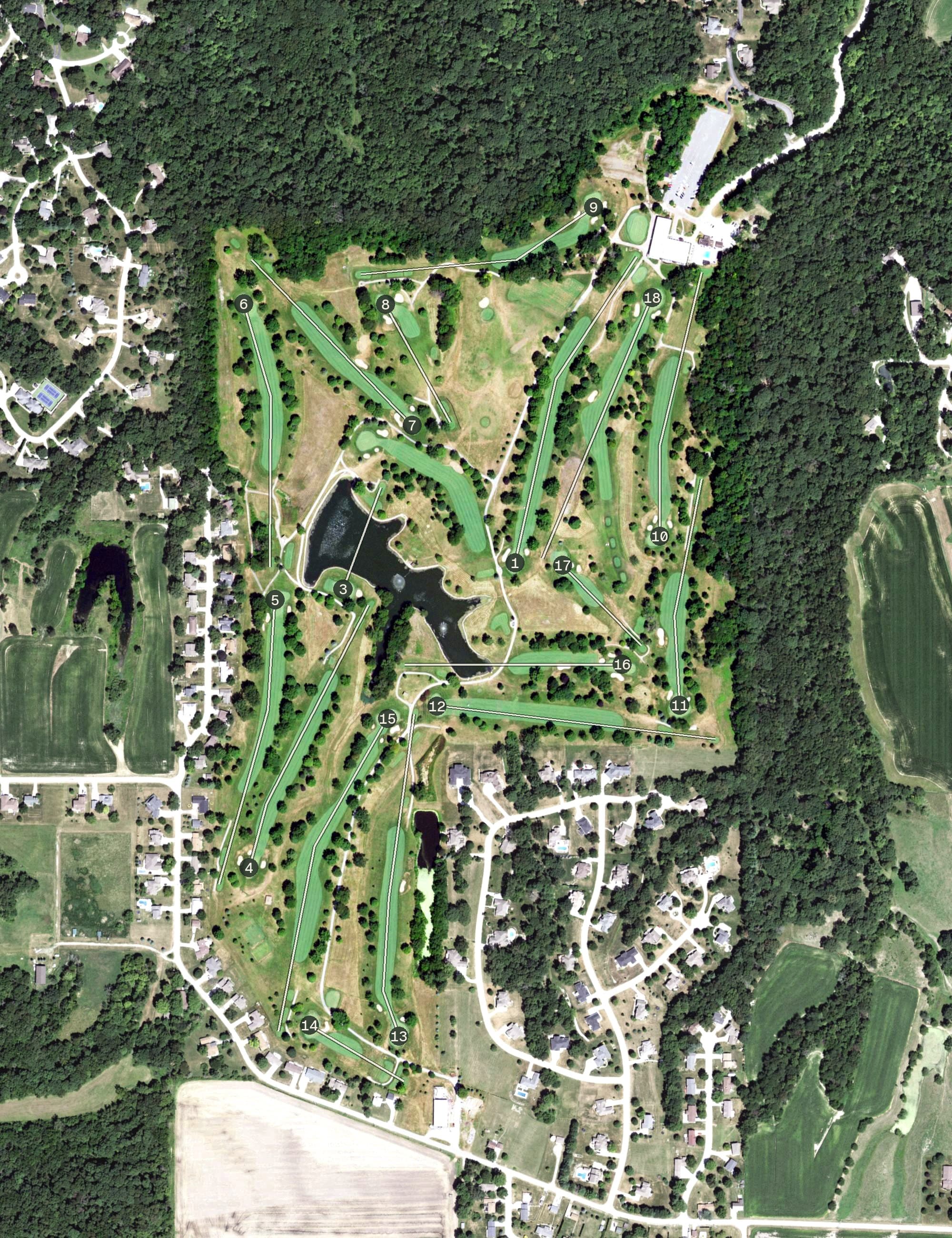 Aerial view of Oakwood Country Club, IL, with its hole routing marked