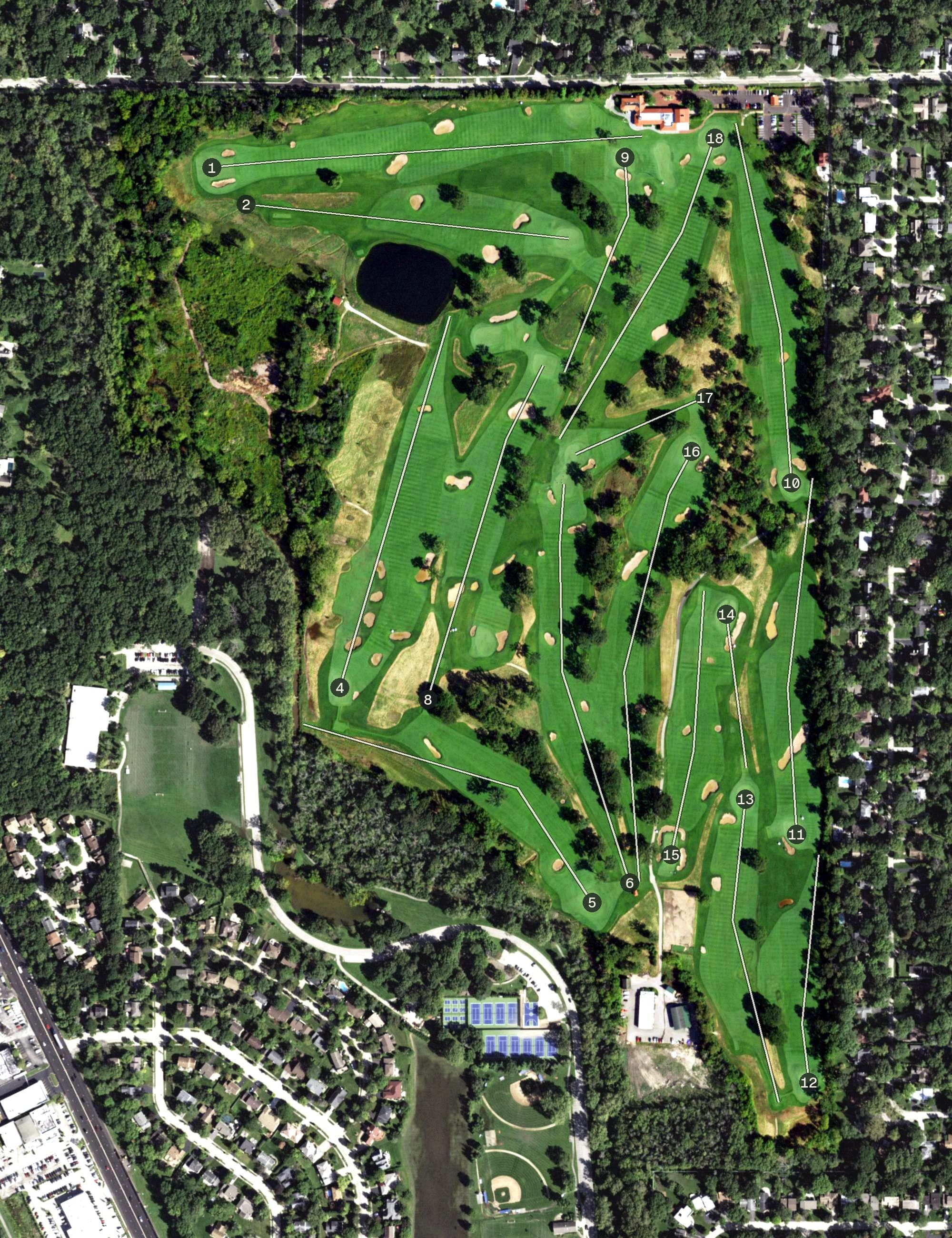 Aerial view of Old Elm Club, IL, with its hole routing marked