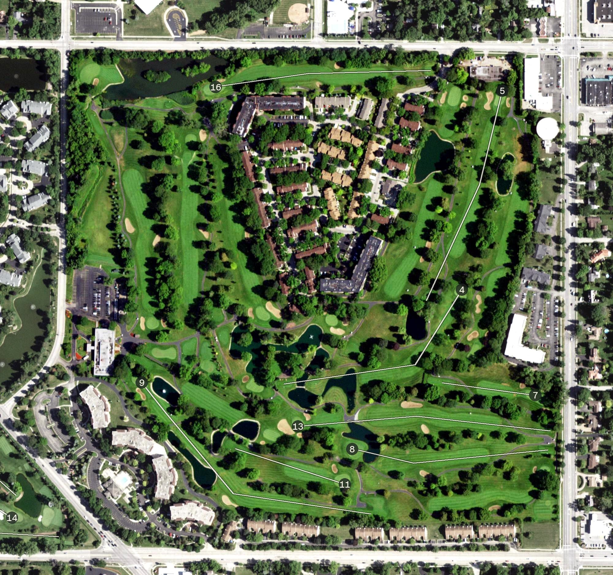 Aerial view of Old Orchard Country Club, IL, with its hole routing marked