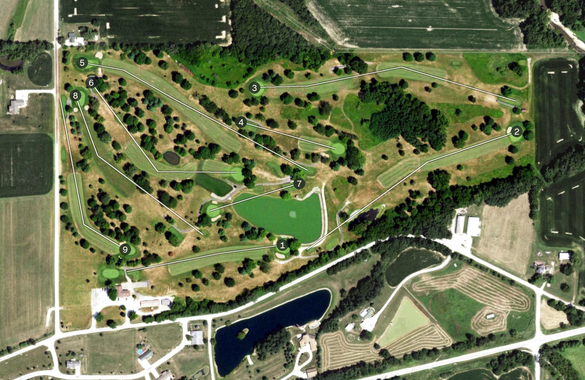 Aerial view of Old Orchard Country Club, IL, with its hole routing marked
