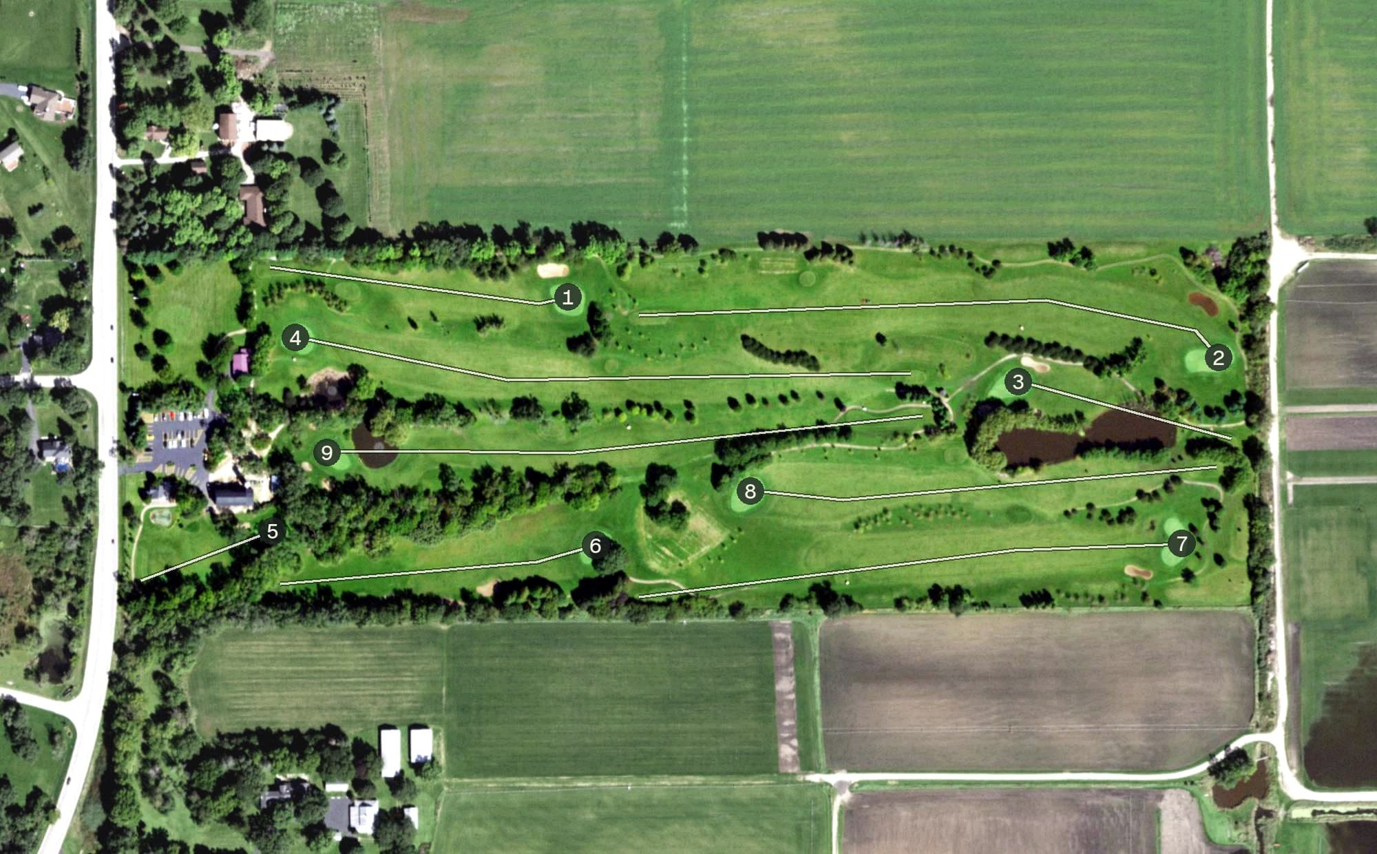 Aerial view of Old Top Farm, IL, with its hole routing marked