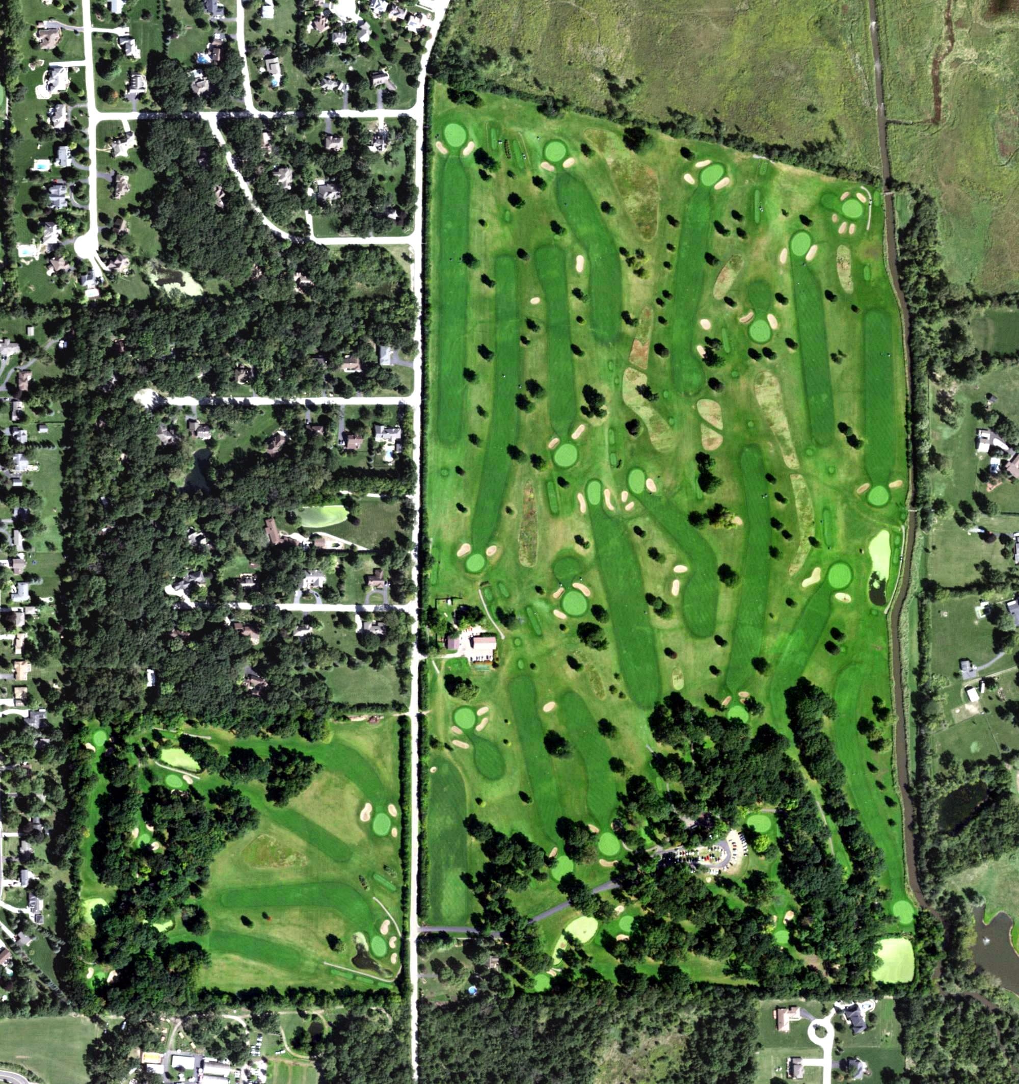 Aerial view of Old Wayne Golf Course, IL, with its hole routing marked