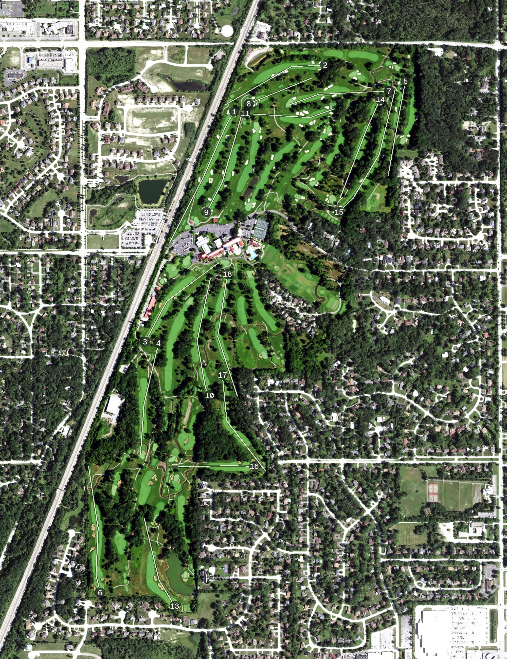 Aerial view of Olympia Fields Country Club, IL, with its hole routing marked