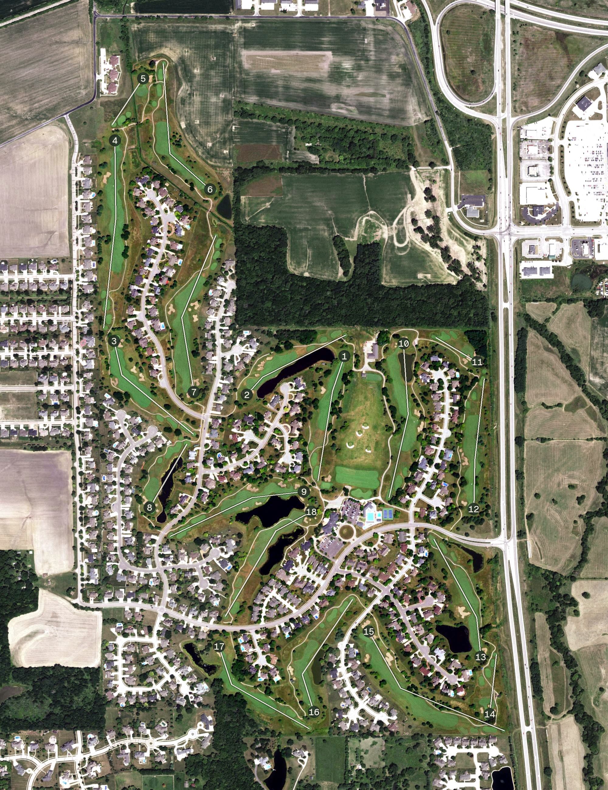 Aerial view of Panther Creek Country Club, IL, with its hole routing marked