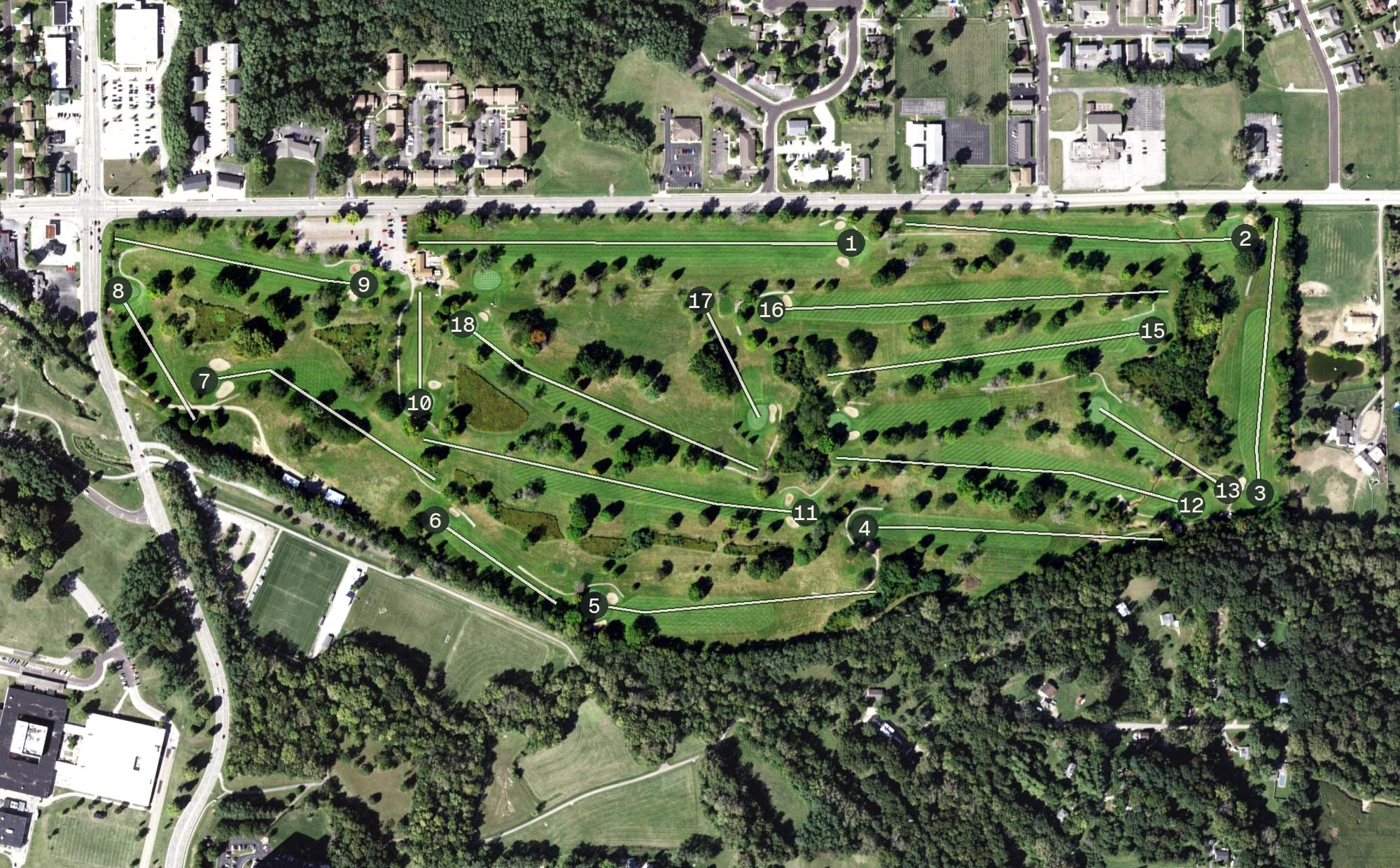 Aerial view of Parkview Golf Course, IL, with its hole routing marked