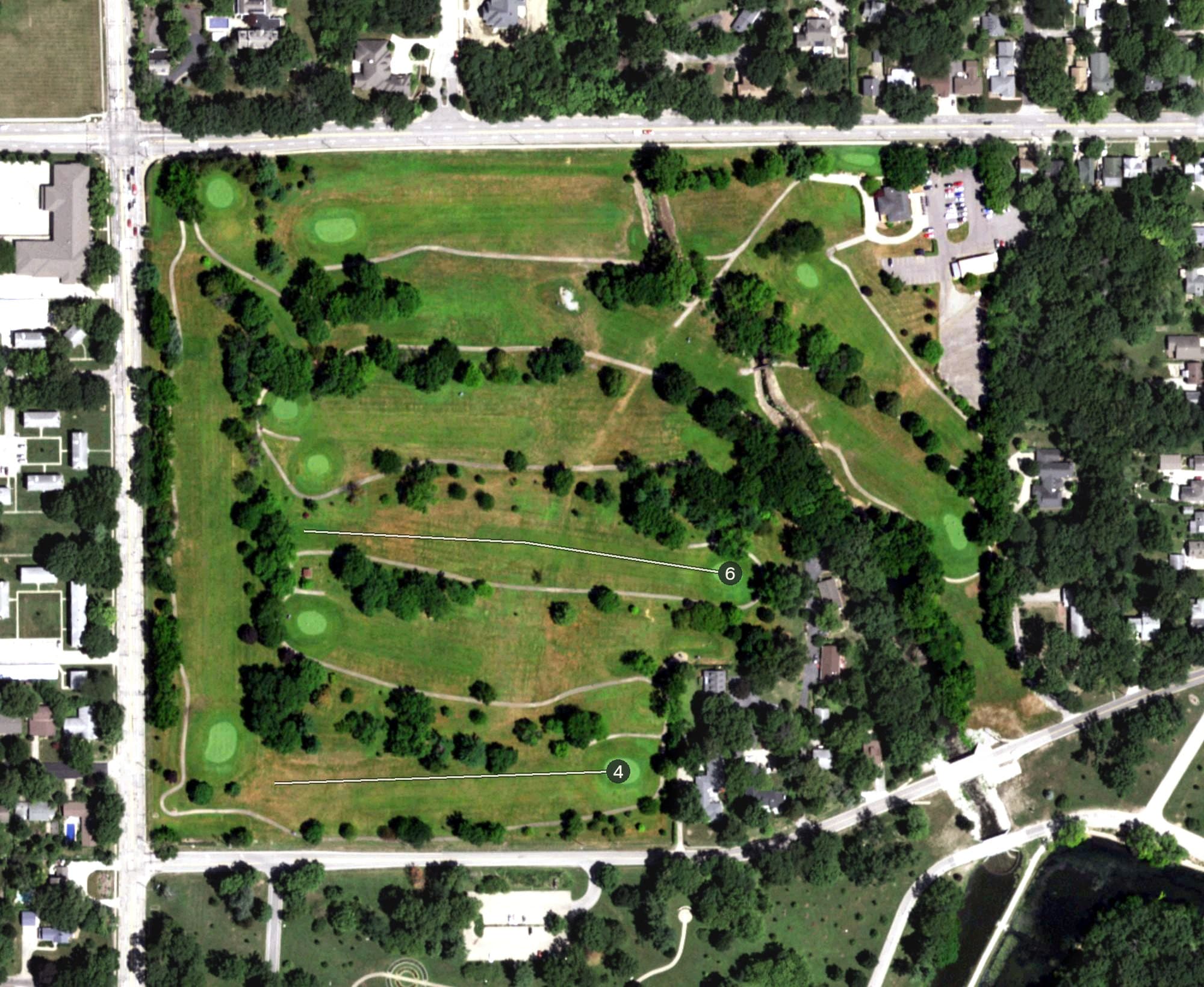 Aerial view of Pasfield Golf Course, IL, with its hole routing marked