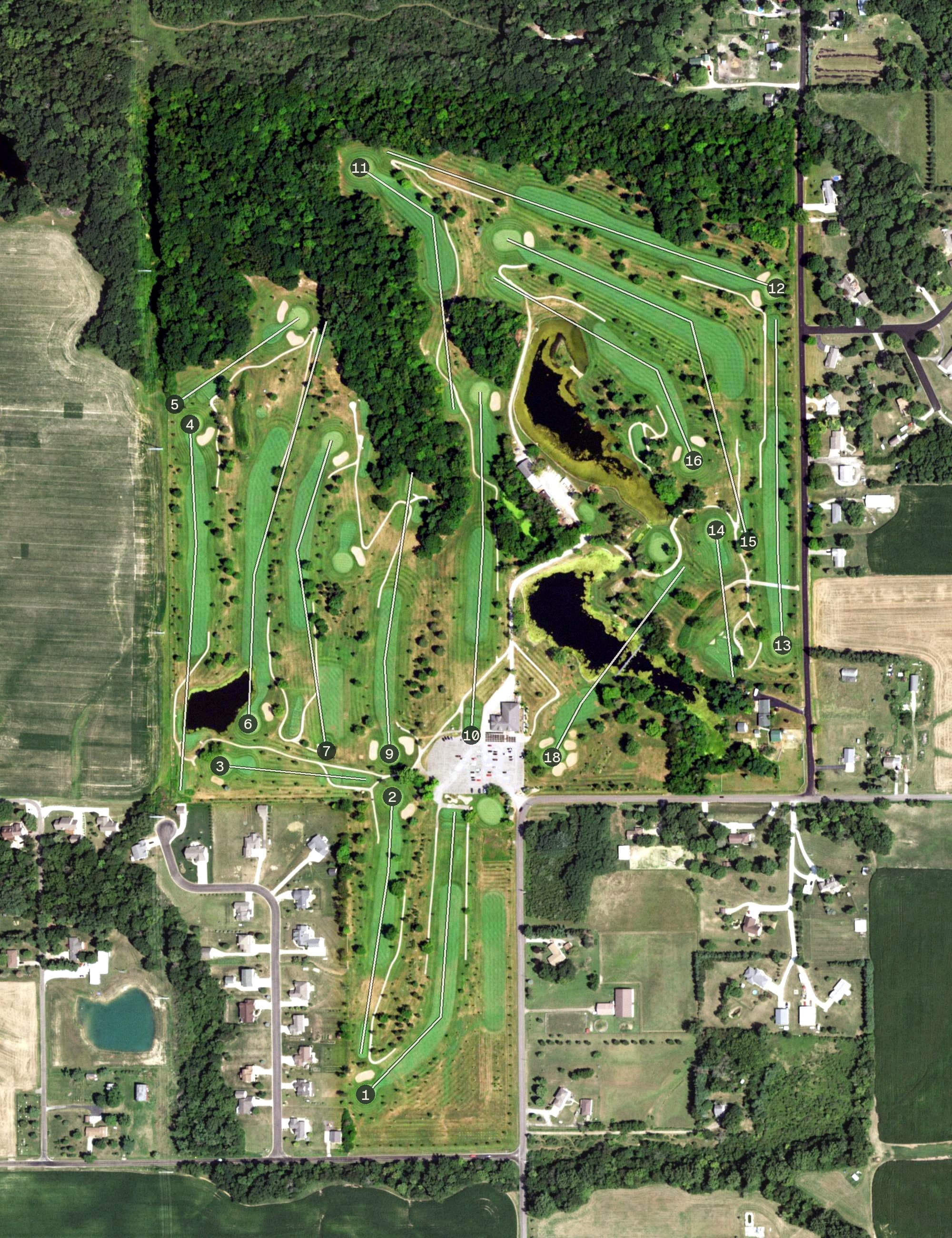 Aerial view of Pine Lakes Country Club, IL, with its hole routing marked