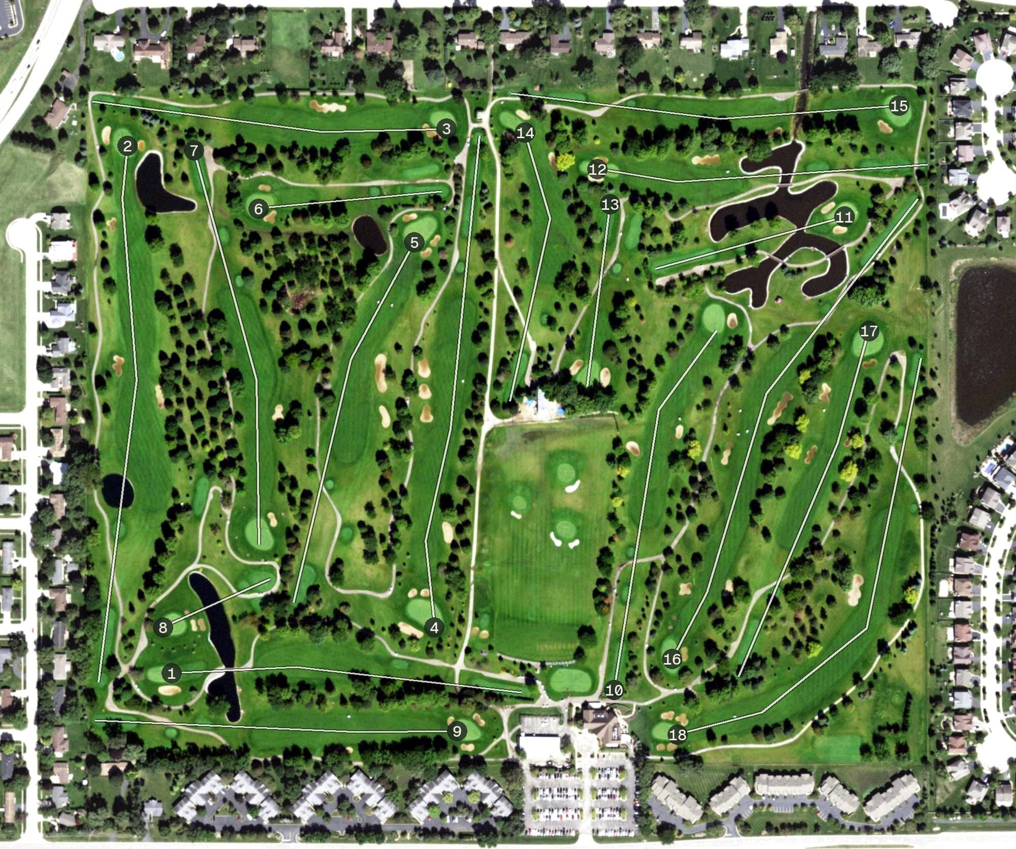 Aerial view of Pinecrest Golf Course, IL, with its hole routing marked