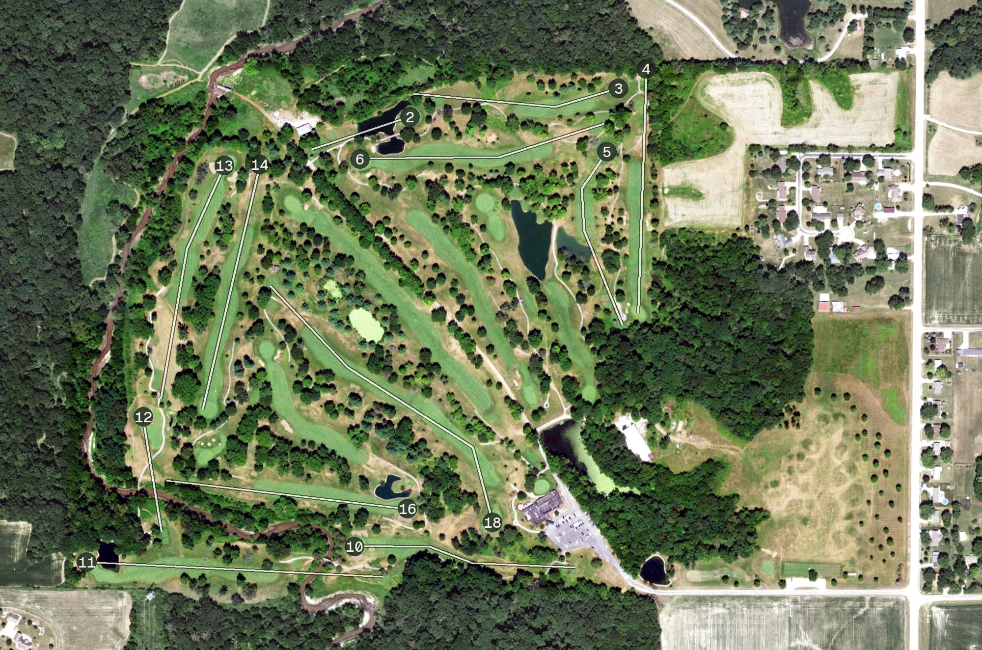 Aerial view of Pinnacle Country Club and Golf Course, IL, with its hole routing marked
