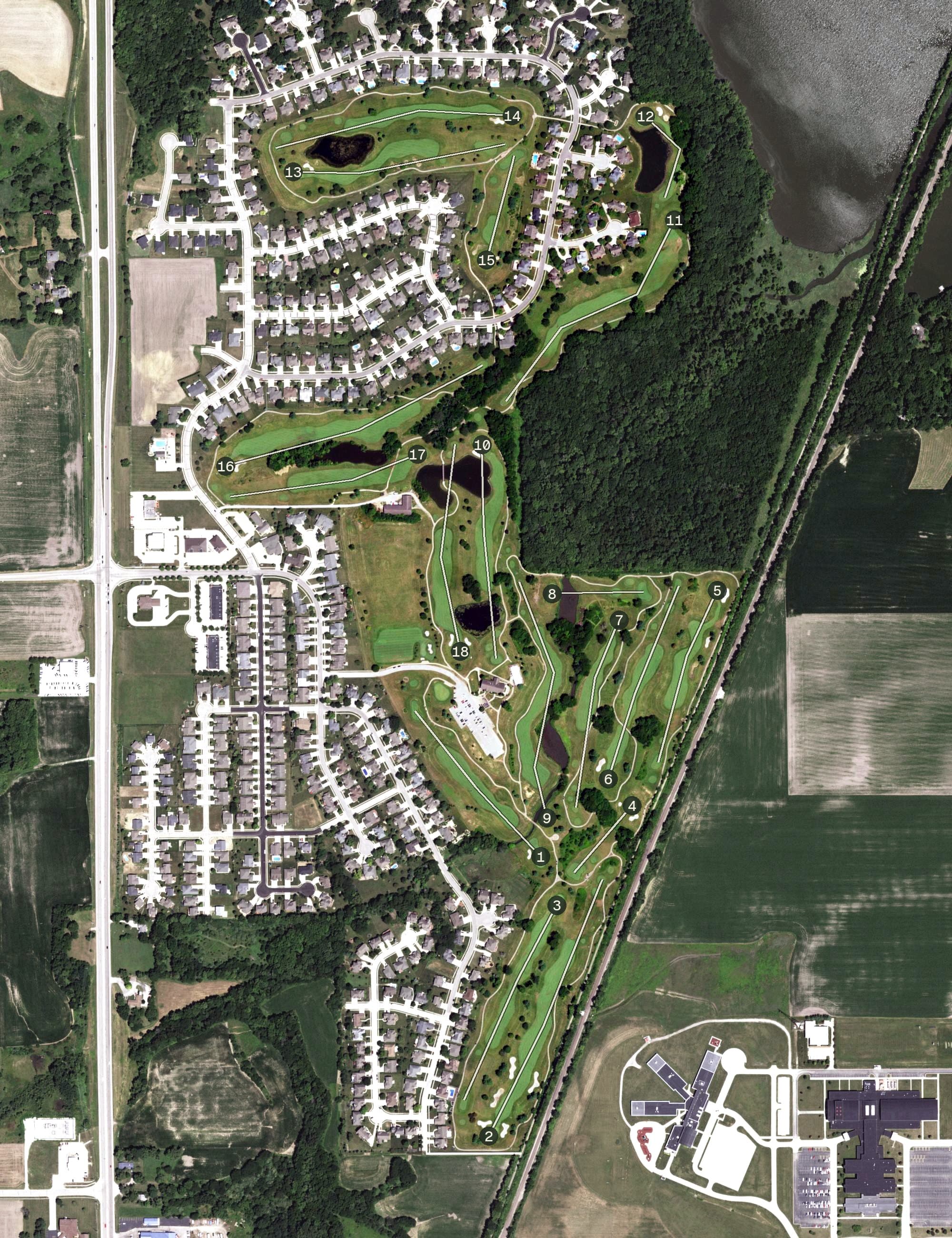 Aerial view of Piper Glen Golf Course, IL, with its hole routing marked