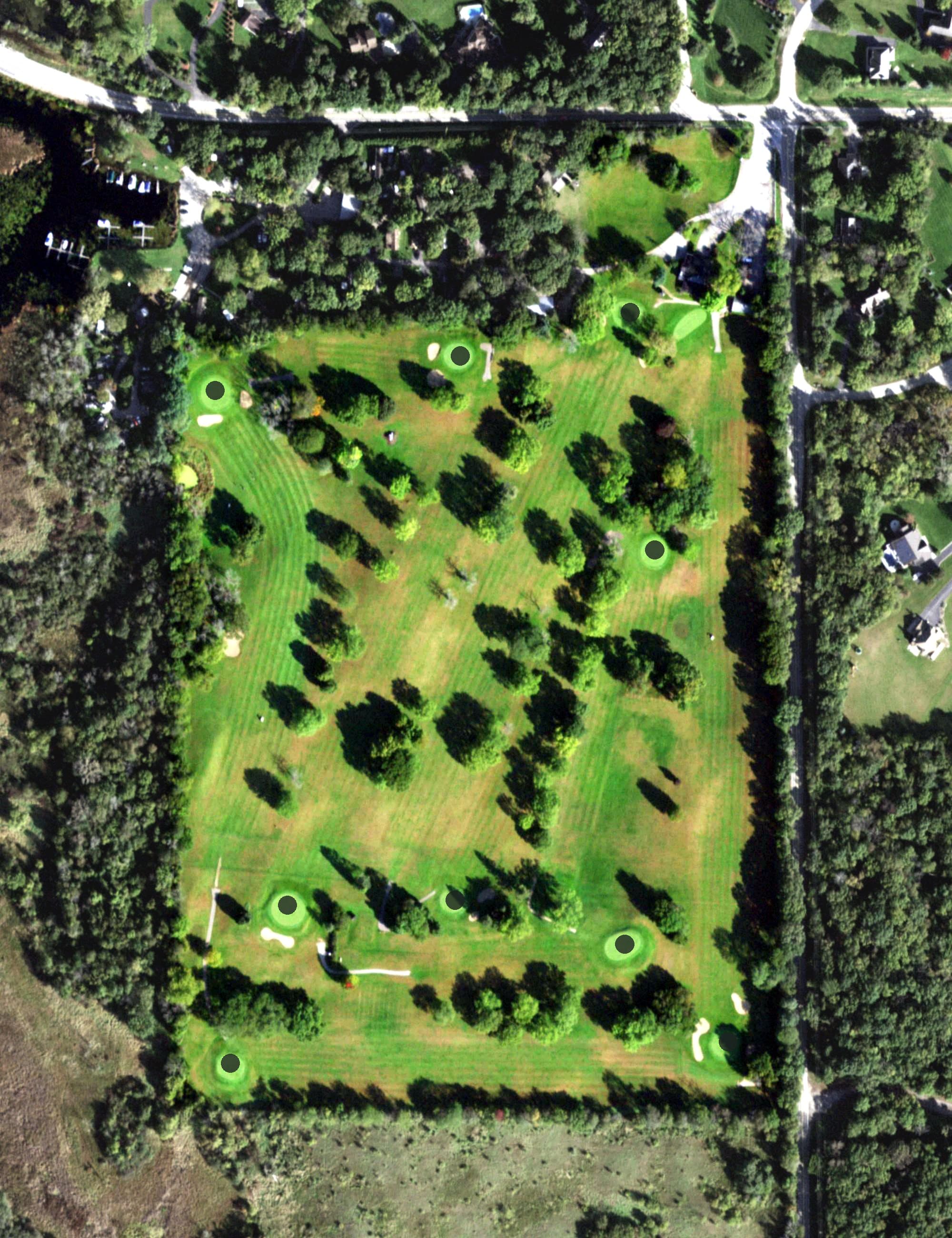 Aerial view of Pistakee Golf Course, IL, with its hole routing marked