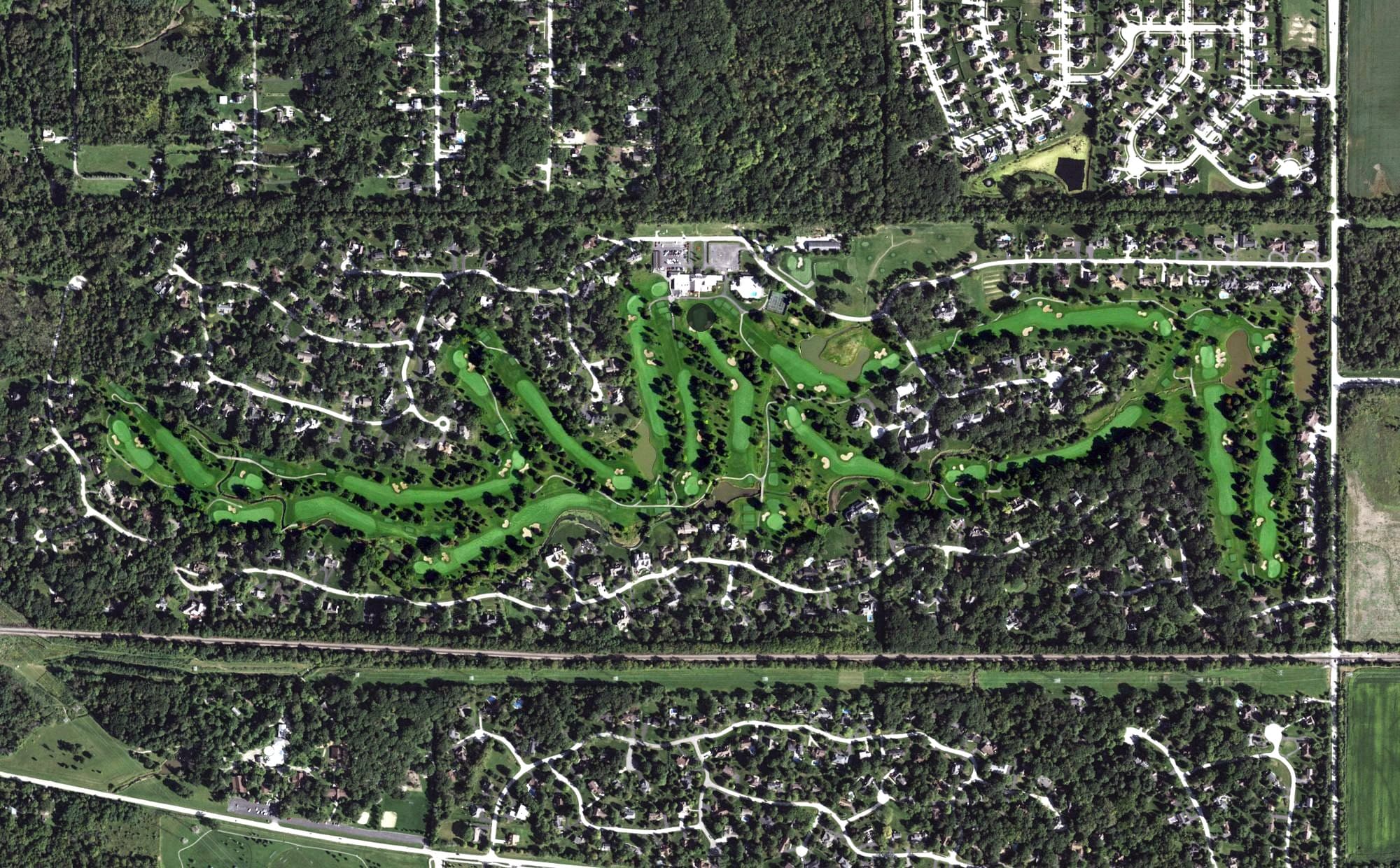 Aerial view of Prestwick Country Club, IL, with its hole routing marked
