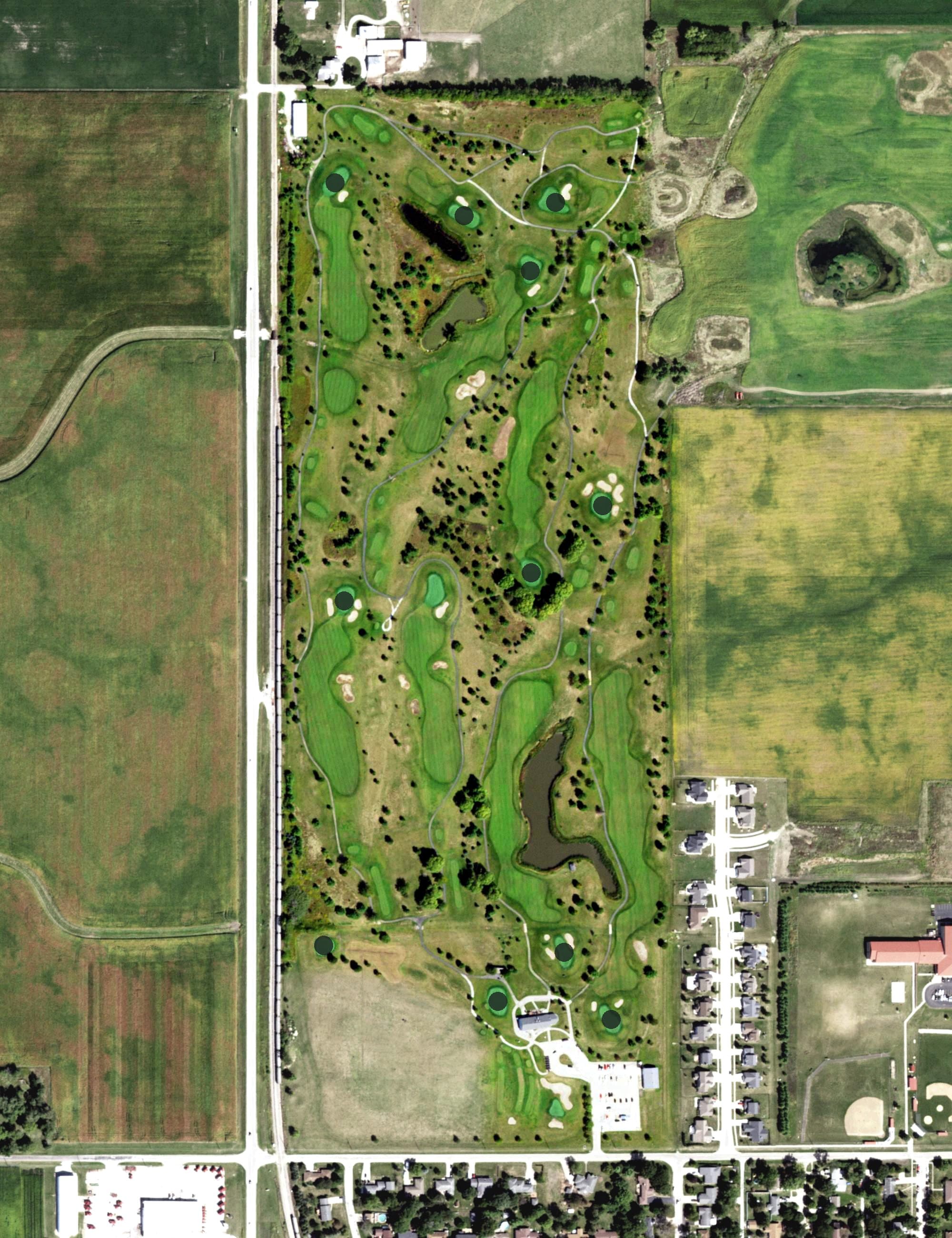 Aerial view of Railside Golf Club, IL, with its hole routing marked