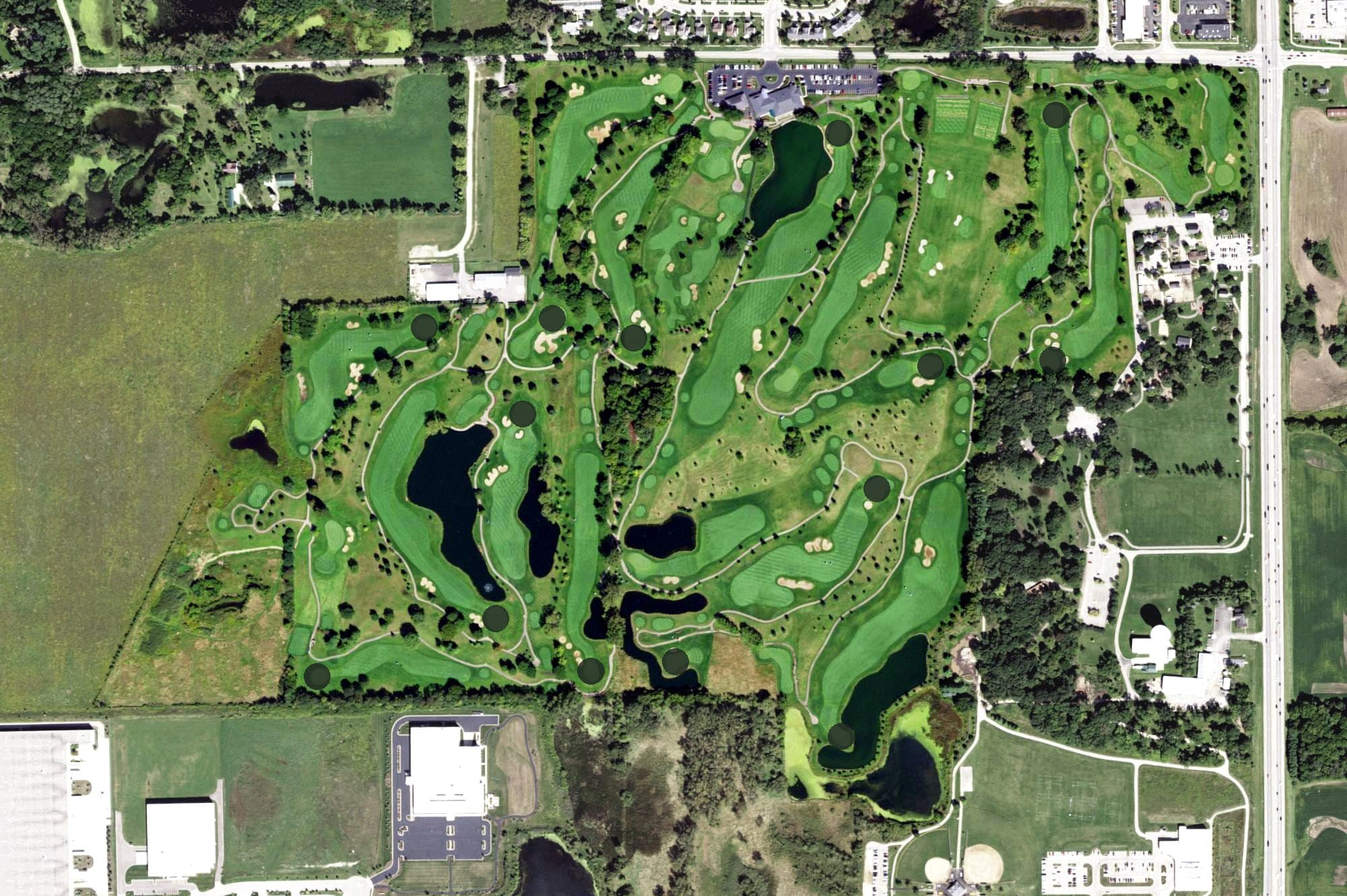 Aerial view of Randall Oaks Golf Course, IL, with its hole routing marked