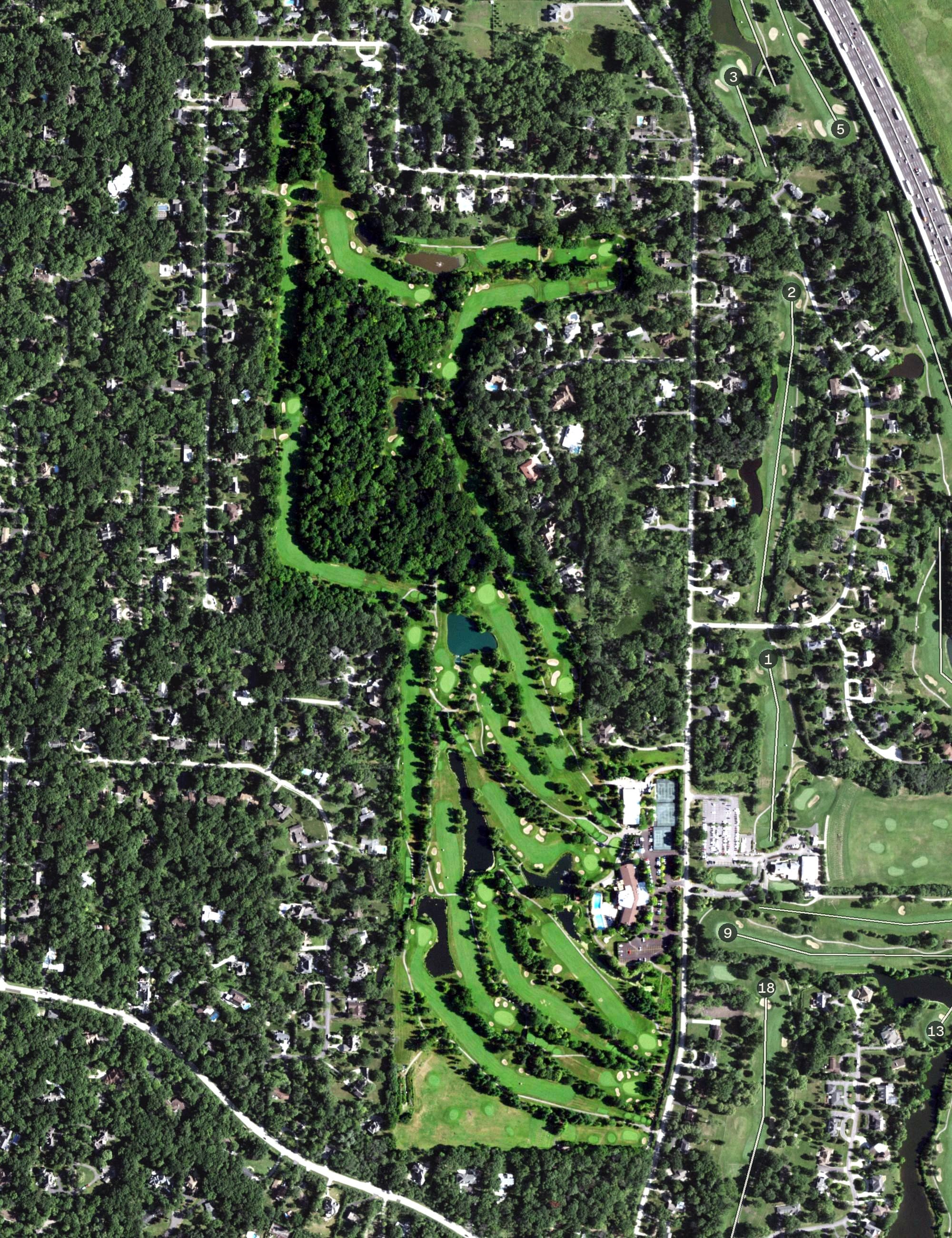 Aerial view of Ravinia Green Country Club, IL, with its hole routing marked