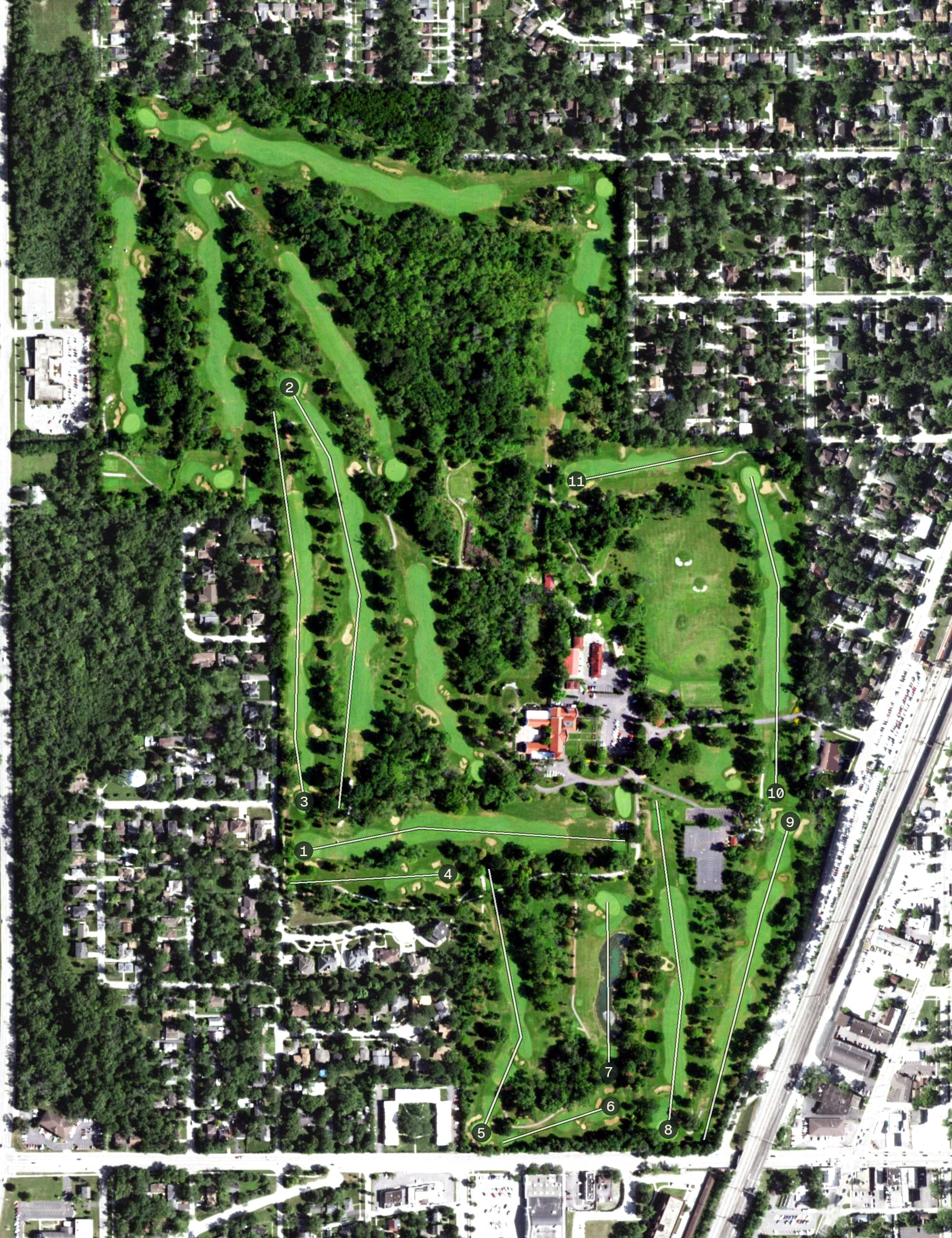 Aerial view of Ravisloe Country Club, IL, with its hole routing marked