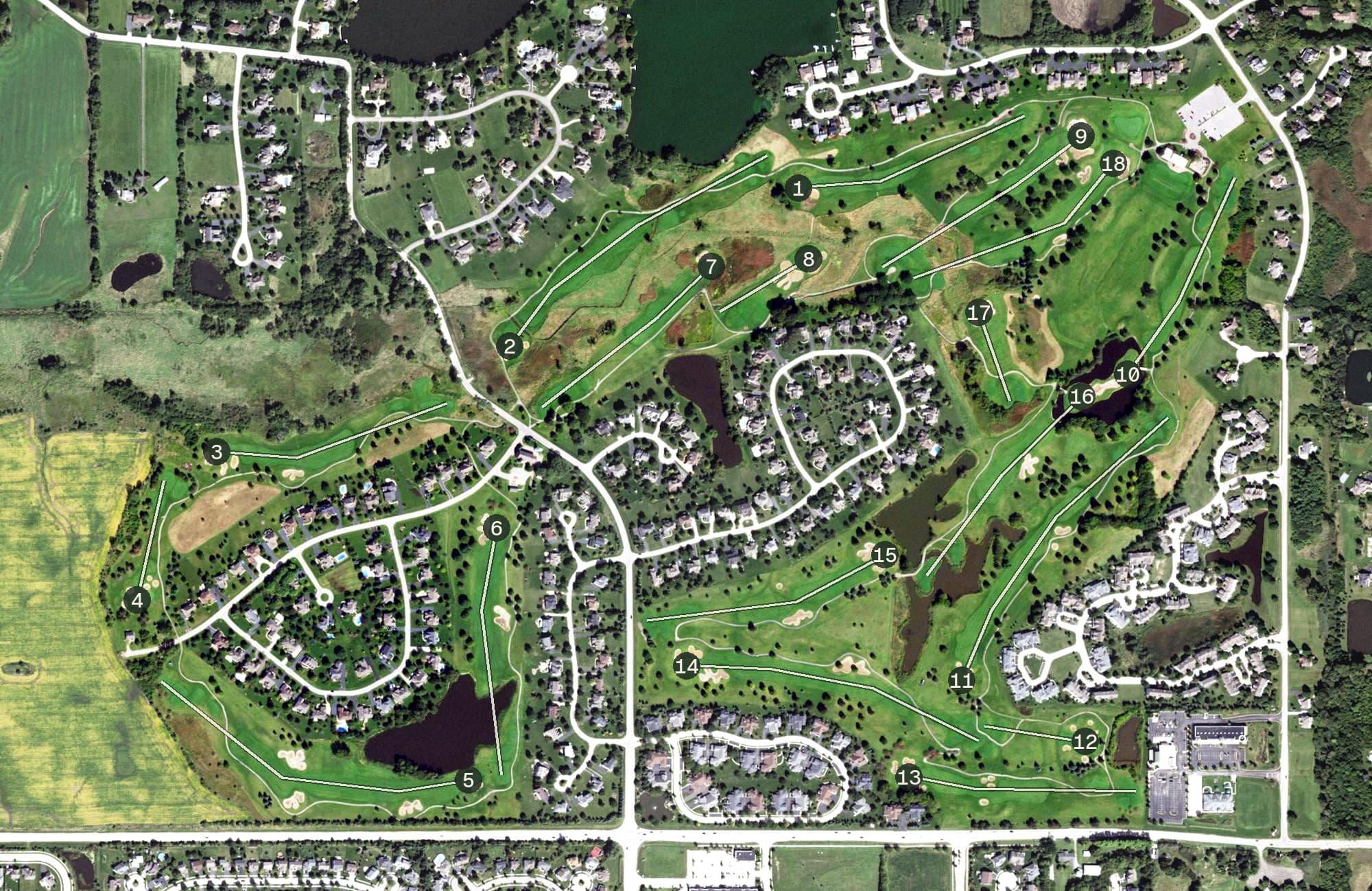 Aerial view of RedTail Golf Club, IL, with its hole routing marked