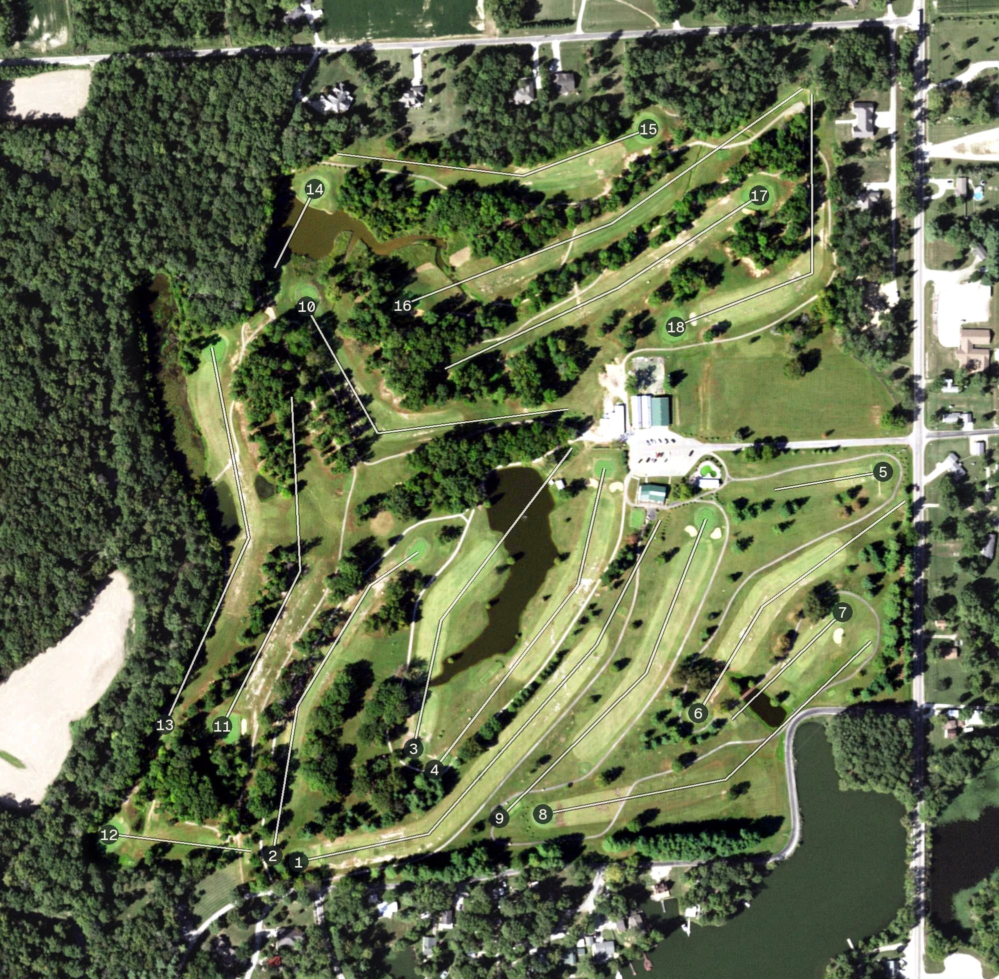 Aerial view of Richland Golf Club, IL, with its hole routing marked