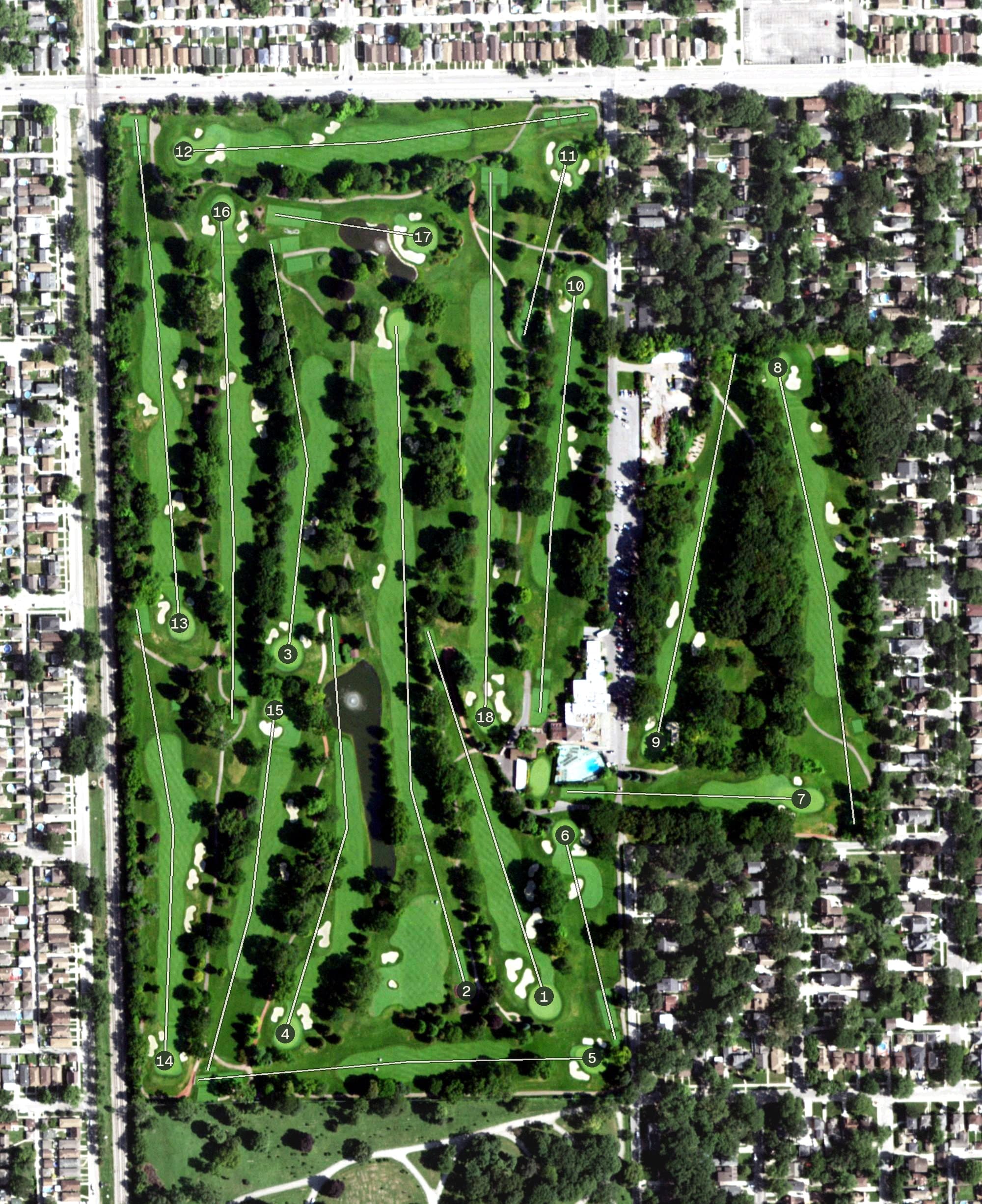 Aerial view of Ridge Country Club, IL, with its hole routing marked