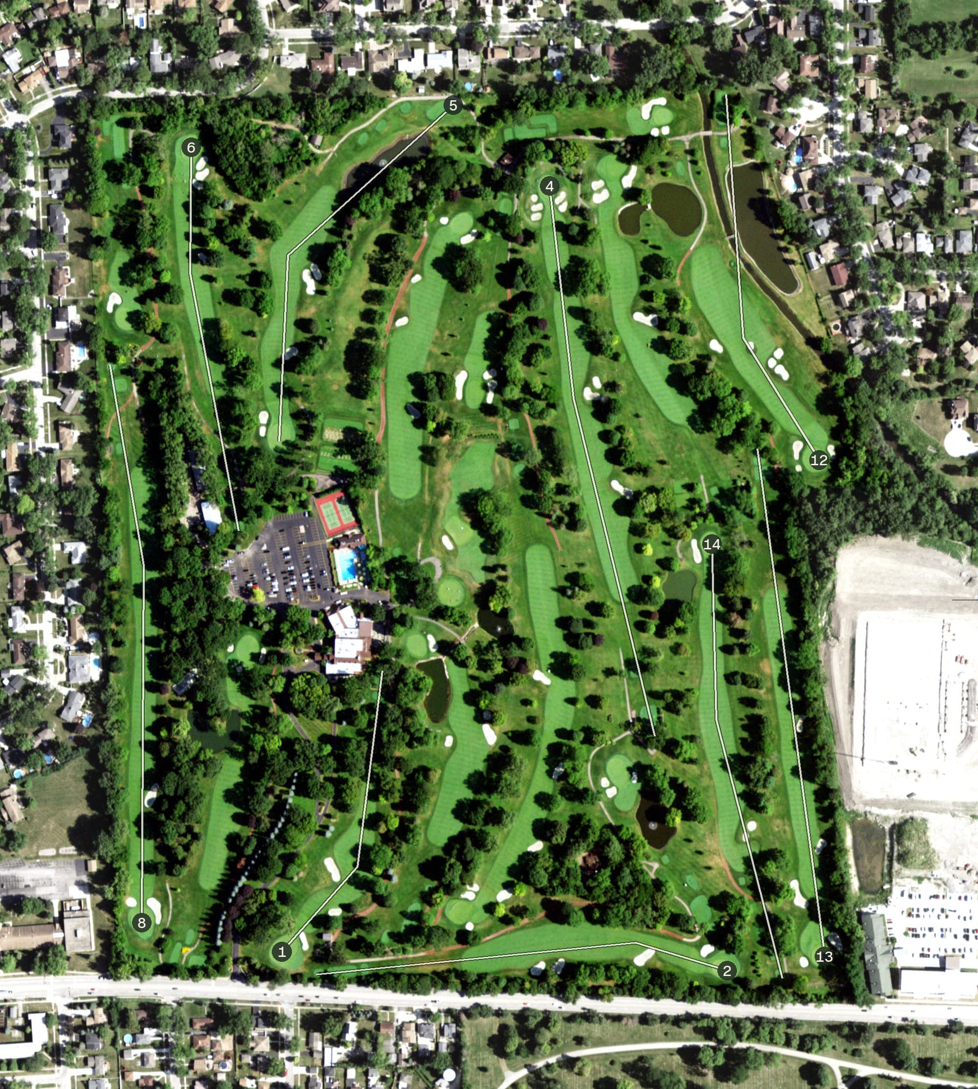 Aerial view of River Forest Country Club, IL, with its hole routing marked