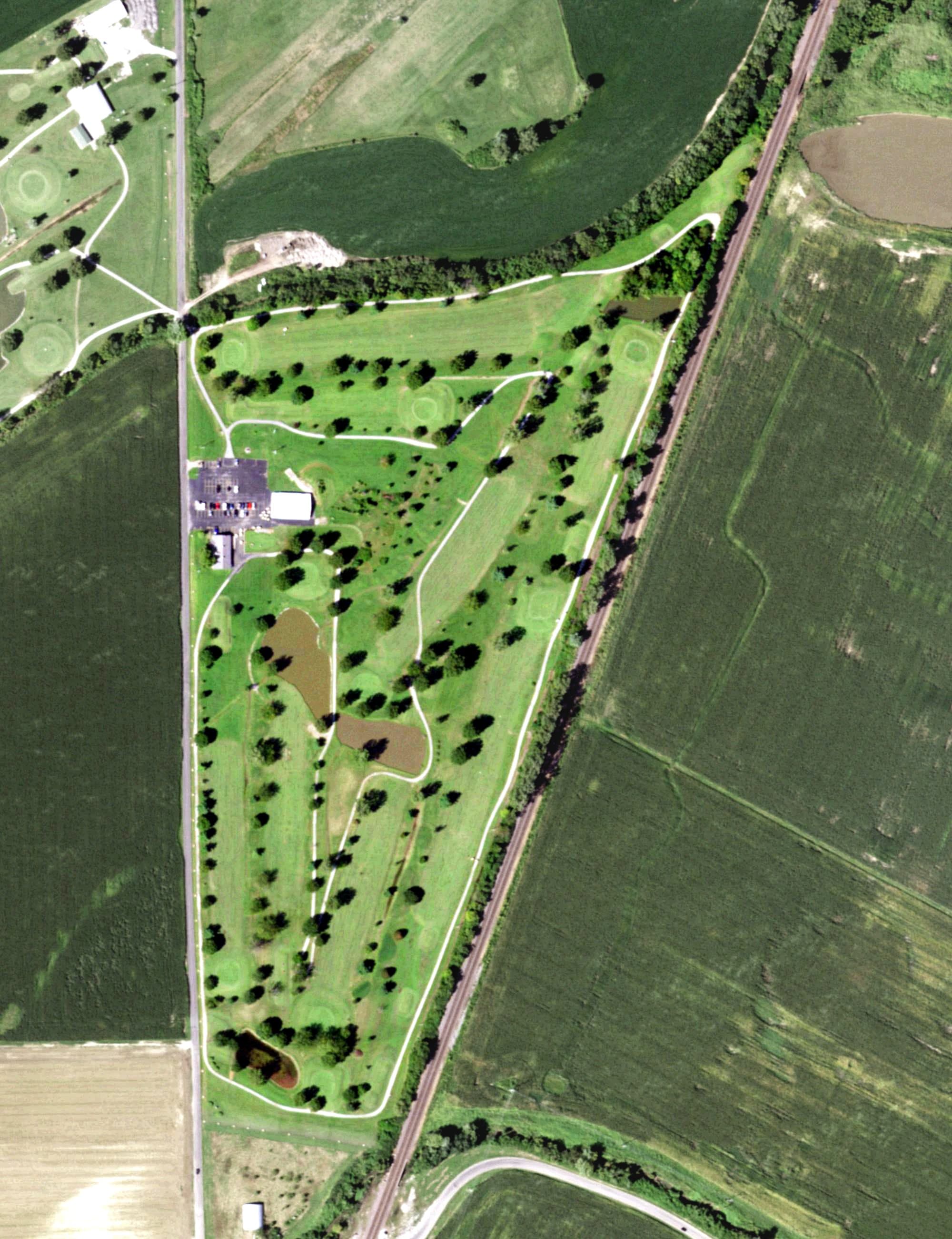 Aerial view of River Lakes Golf Course, IL, with its hole routing marked