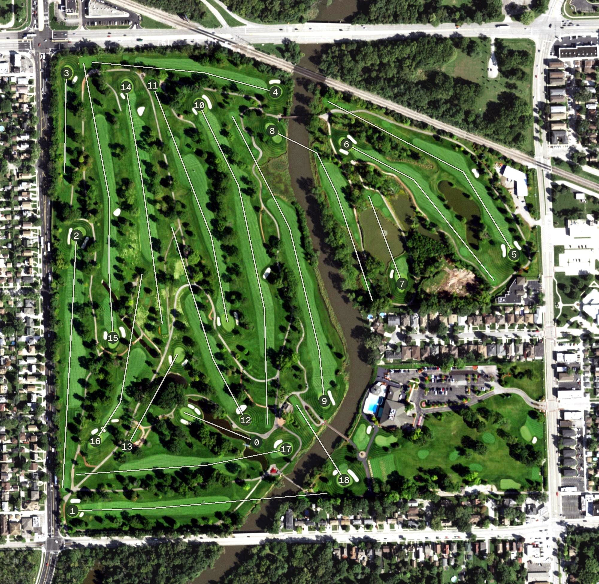 Aerial view of Riverside Golf Club, IL, with its hole routing marked