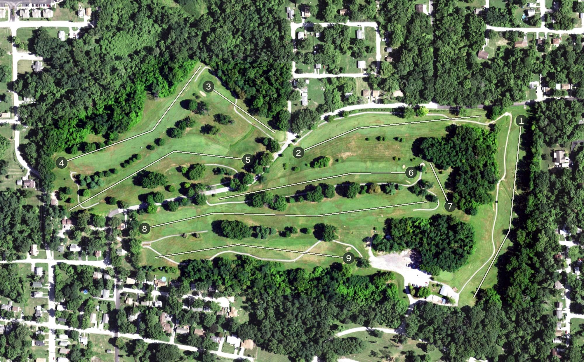 Aerial view of Rock Spring Golf Course, IL, with its hole routing marked
