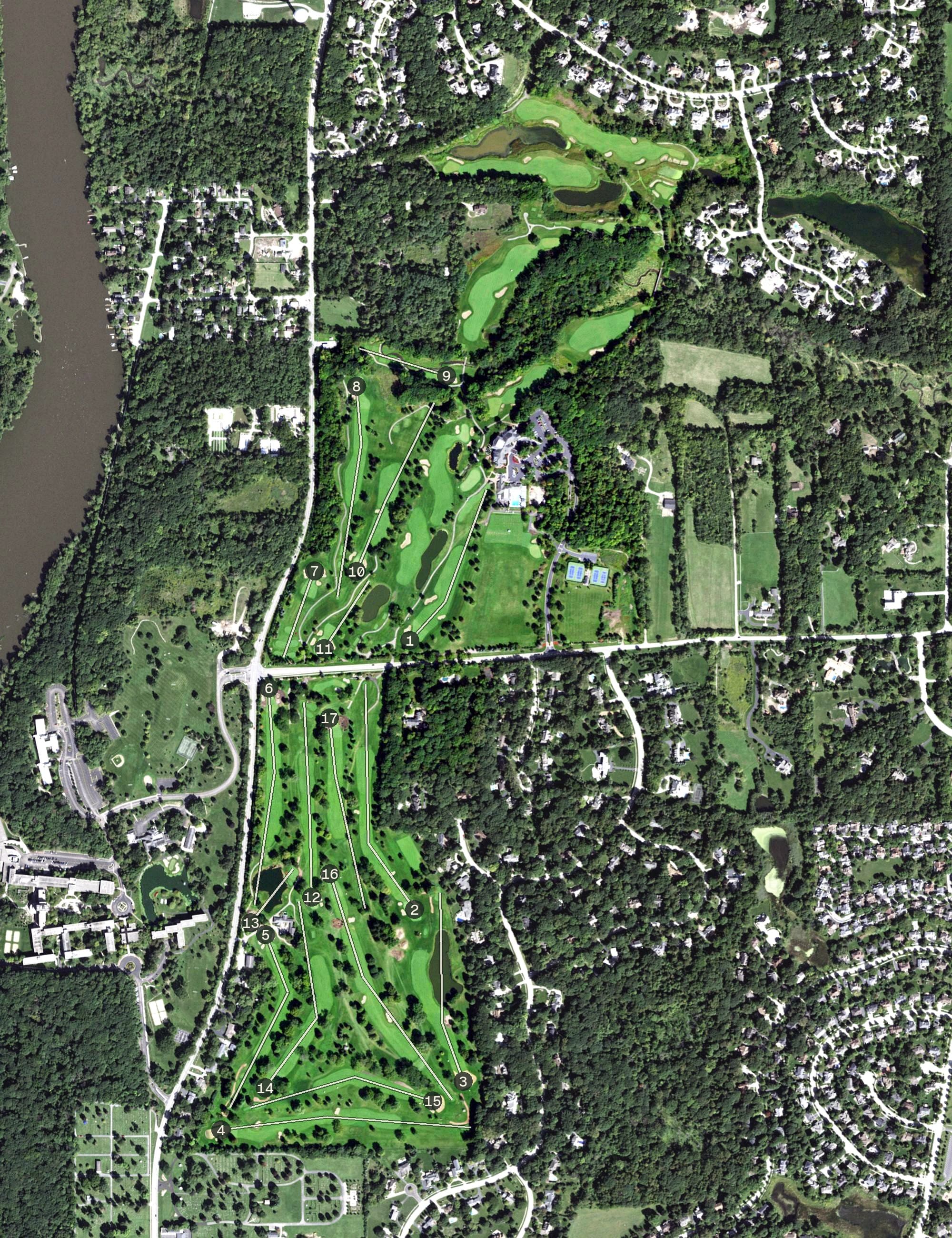 Aerial view of Saint Charles Country Club, IL, with its hole routing marked