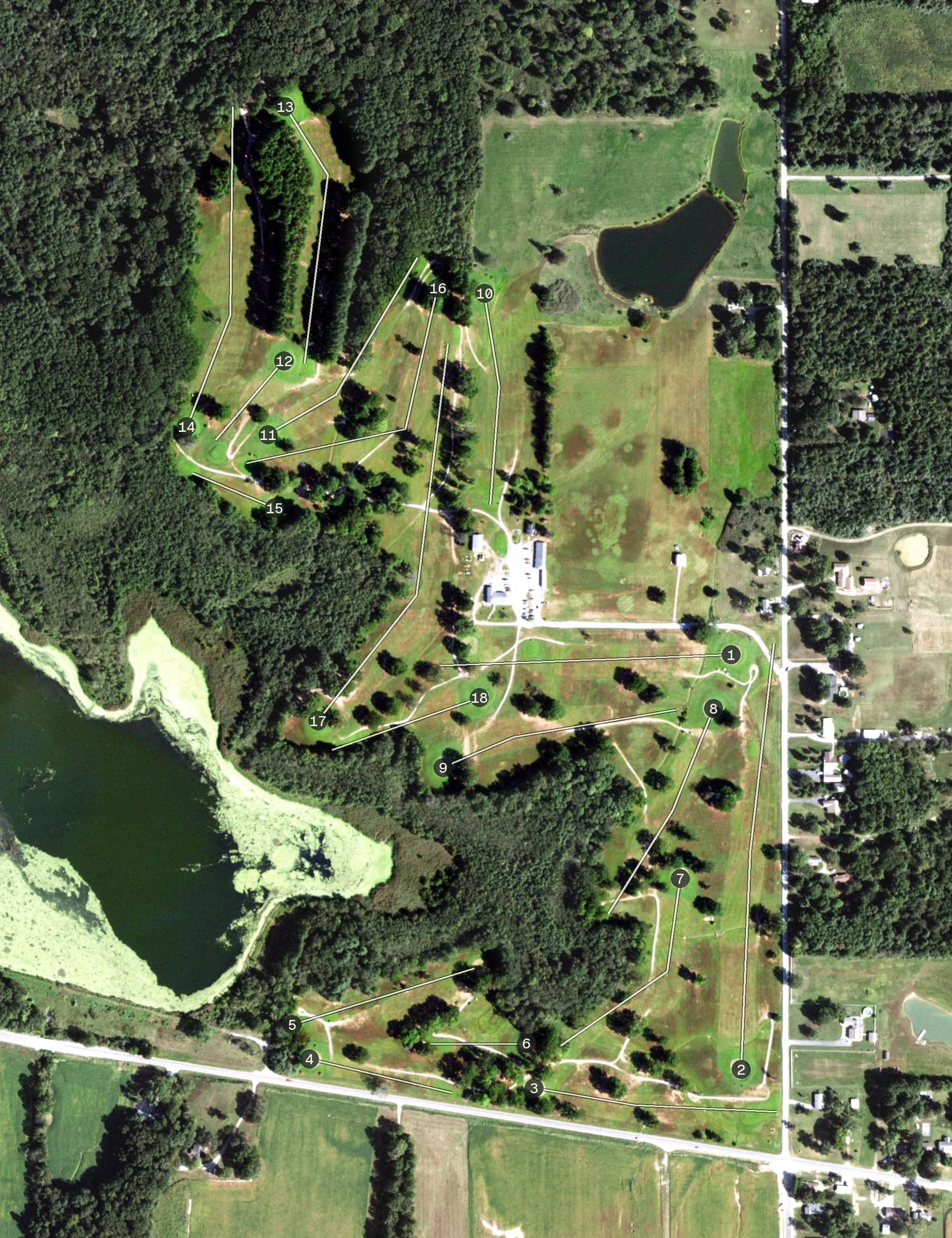 Aerial view of Saline County Golf Club, IL, with its hole routing marked