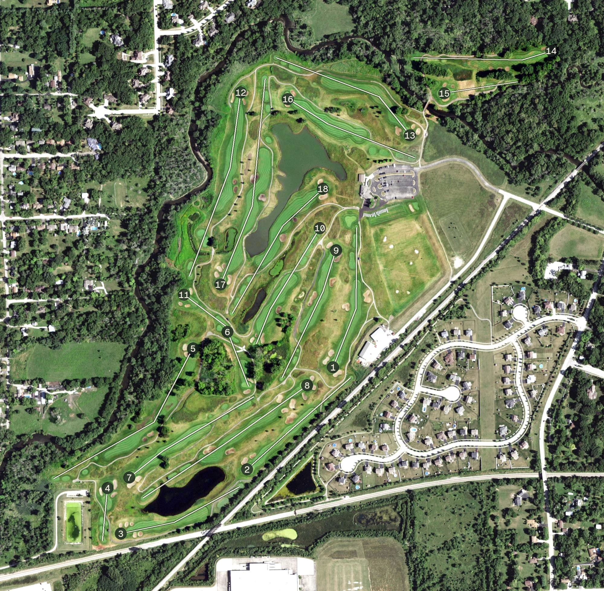 Aerial view of Sanctuary Golf Course, IL, with its hole routing marked