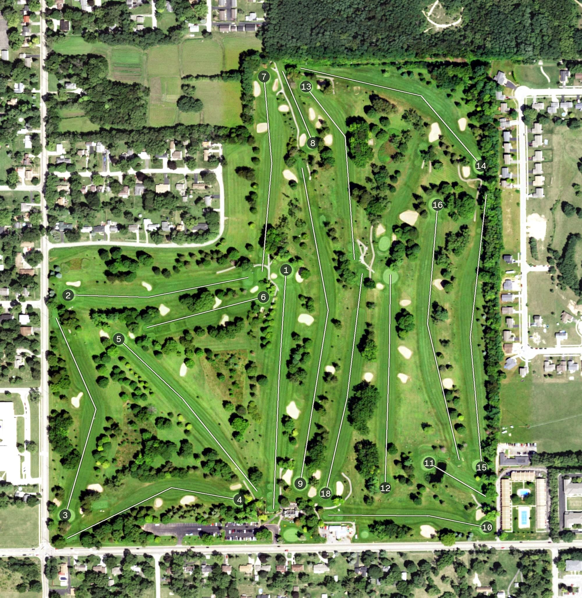Aerial view of Sandy Hollow Golf Course, IL, with its hole routing marked